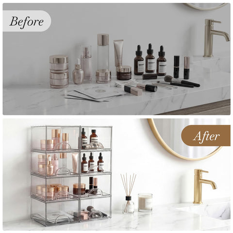 Zeawec clear stackable storage box in vanity setup showing organized cosmetics