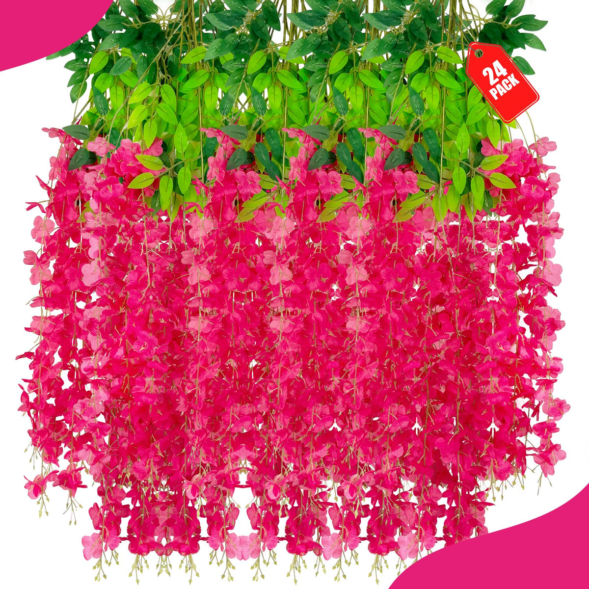 ZEBMOON fuchsia wisteria garland closeup shows premium silk petals for vivid decor.