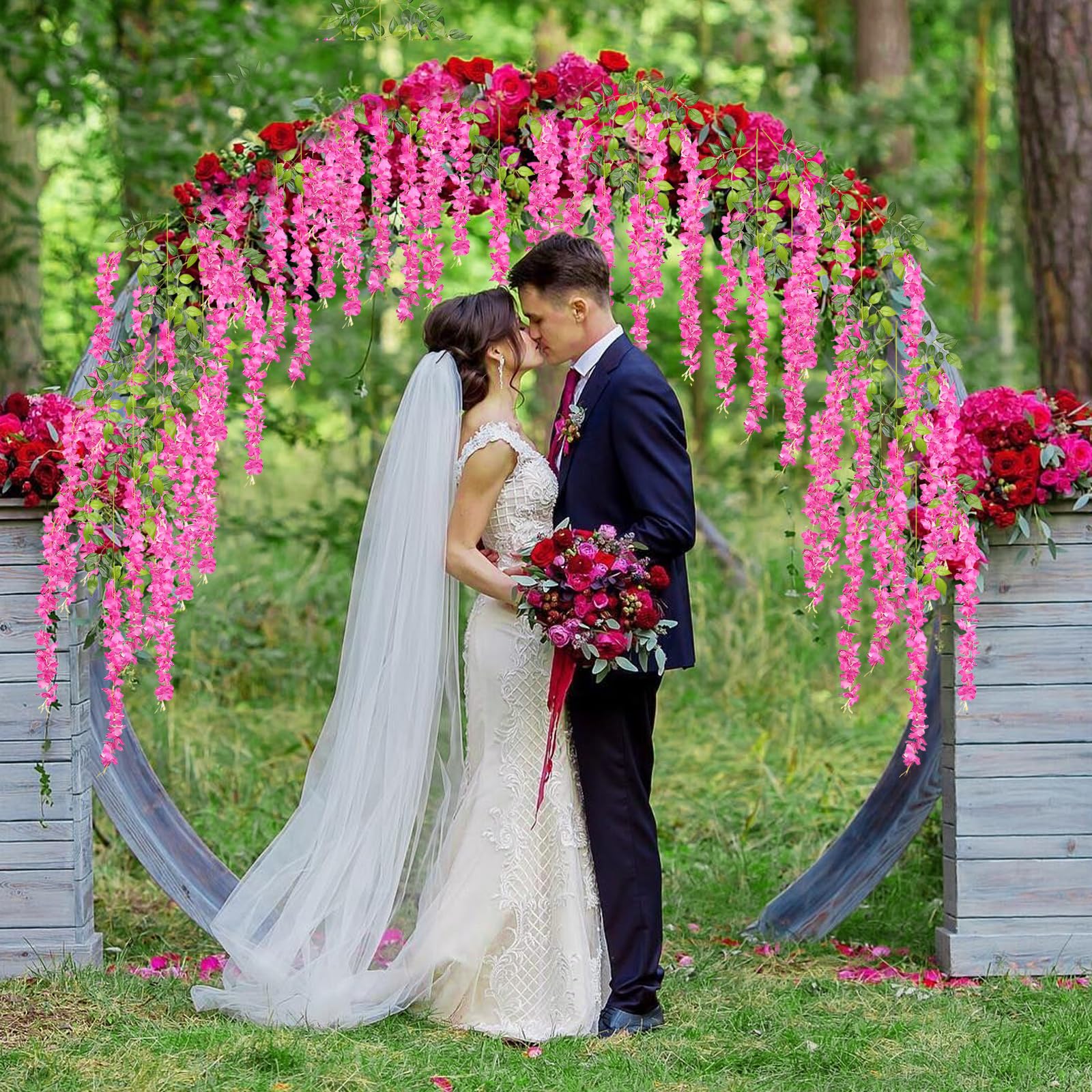 ZEBMOON fuchsia wisteria garland features bendable stems for flexible decorating.