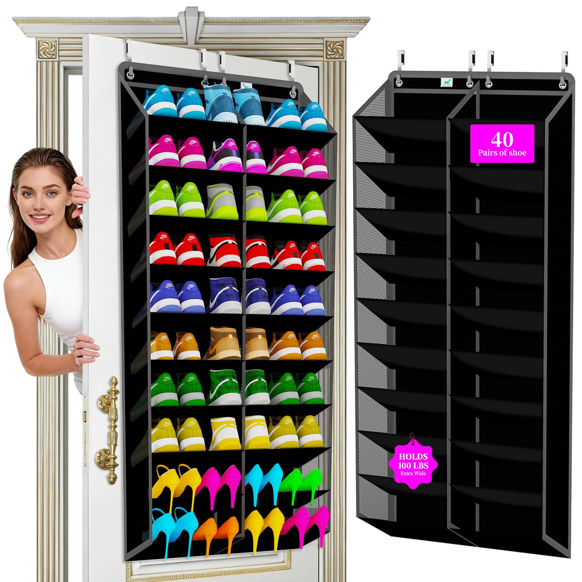 Zebricolo large door rack front view showing spacious pockets for 30 pairs.