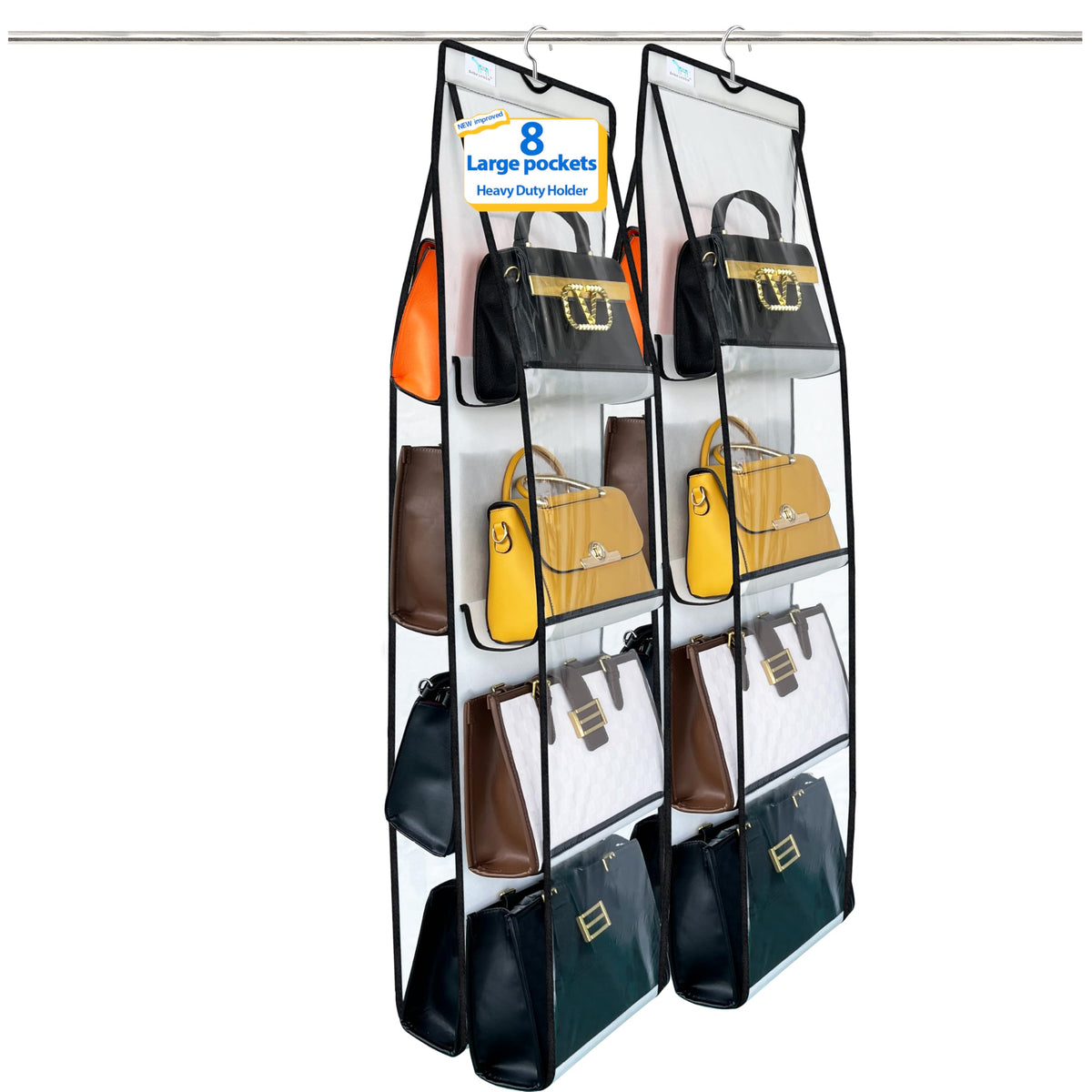 Zebricolo 2-pack purse organizer on closet hanger keeps bags visible and accessible.