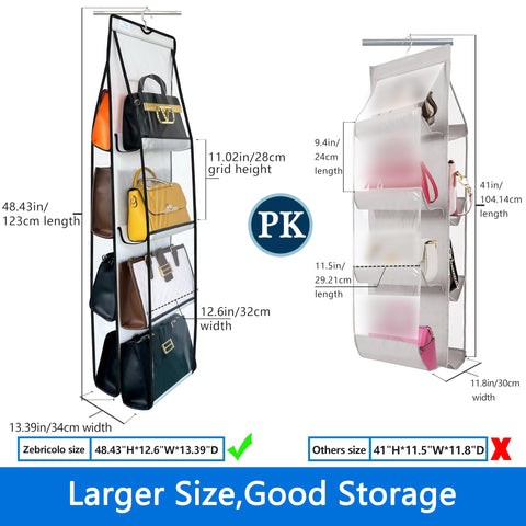 Zebricolo space-saving closet solution frees shelf space while showing handbags at a glance.