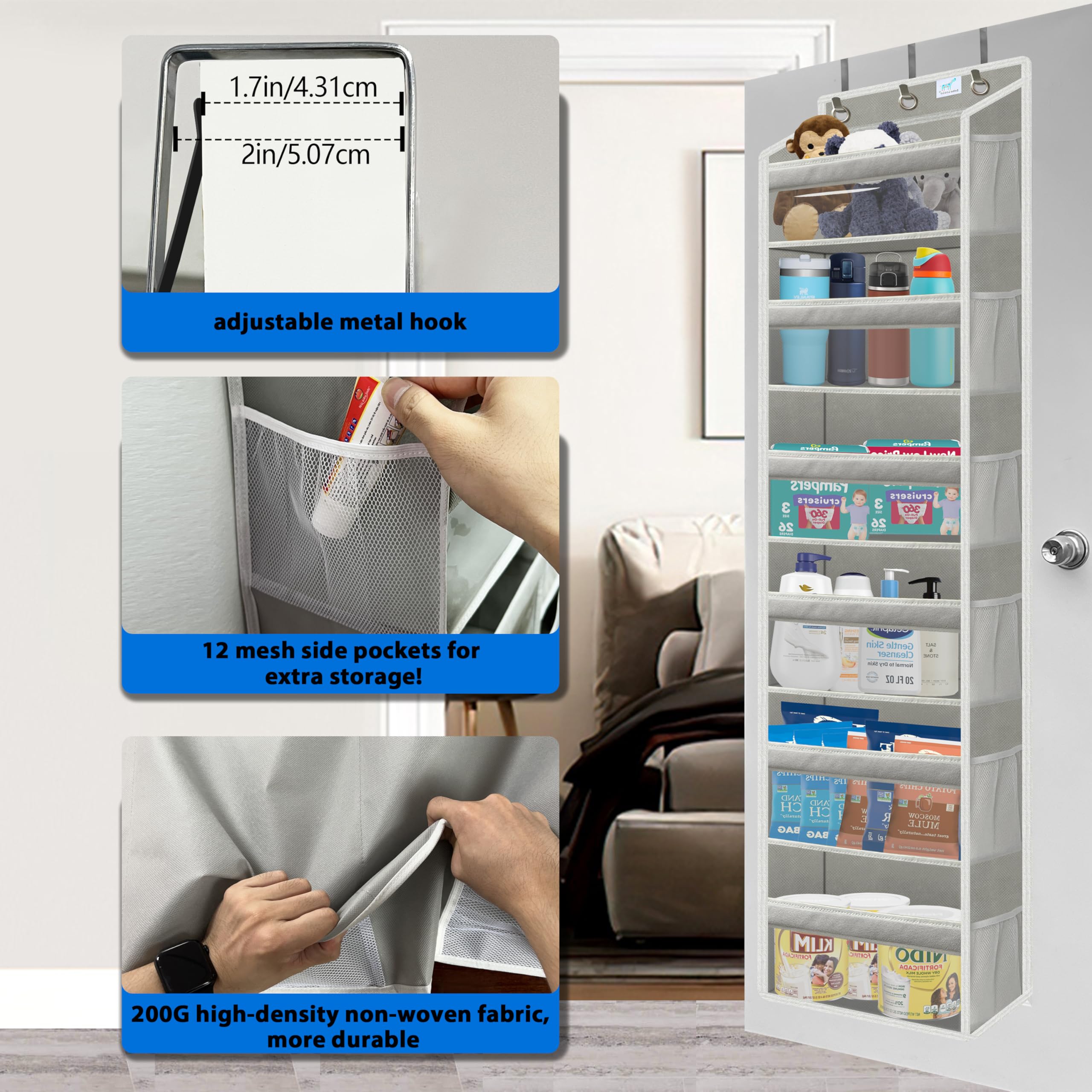 Zebricolo organizer with reinforced hooks and non-slip pads to protect doors