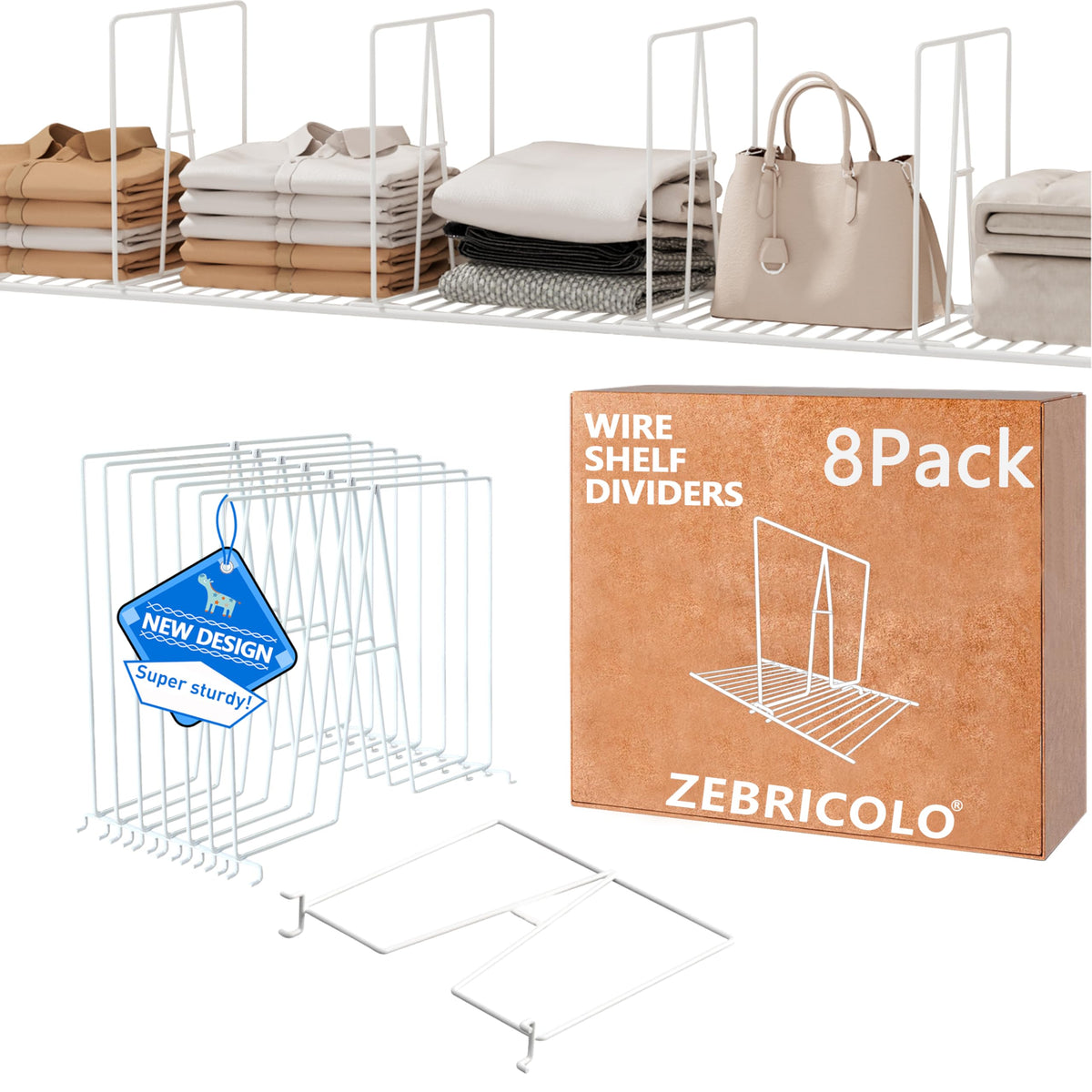 Zebricolo shelf dividers, 12-inch high, maximize closet space and neat stacking.