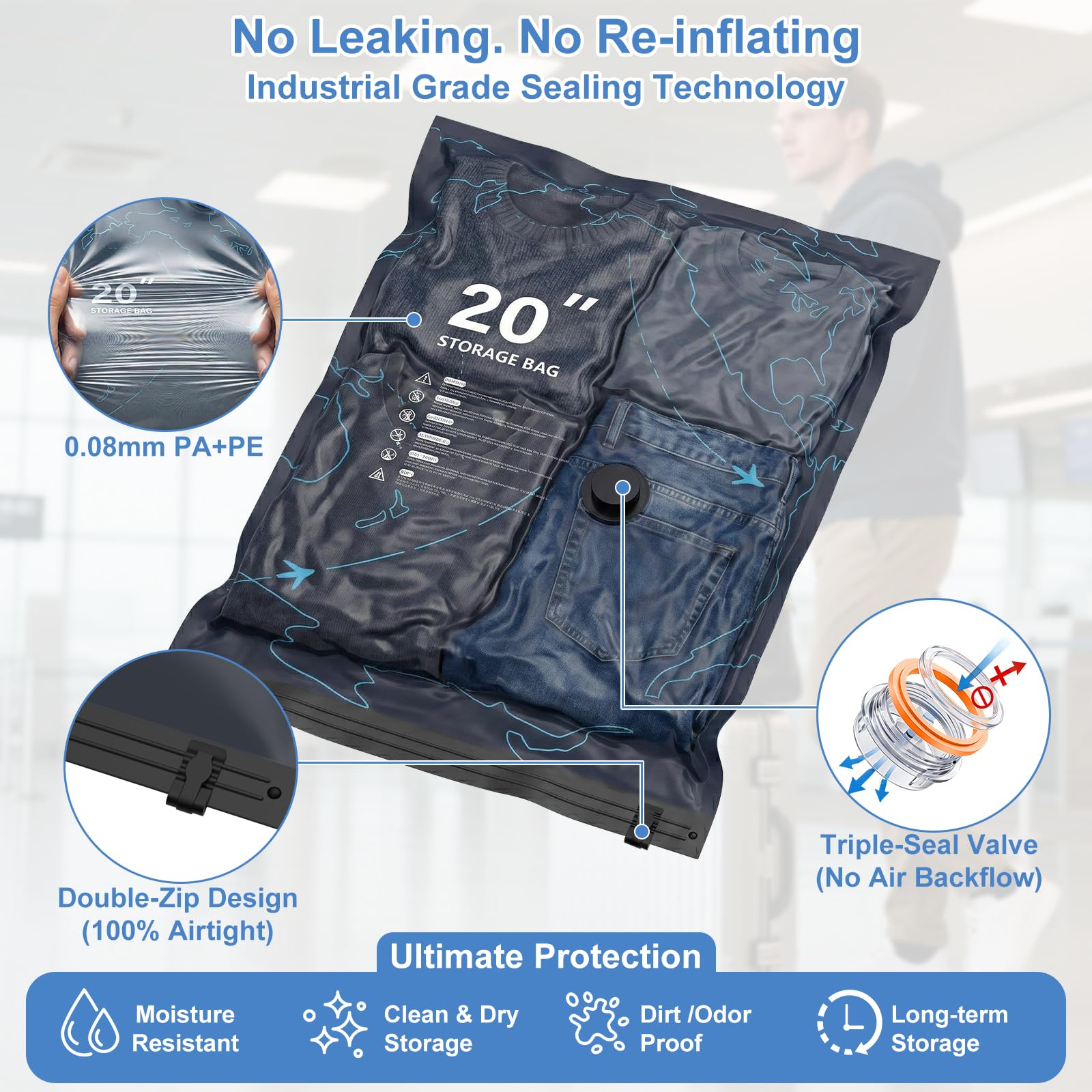 Zeclu double-zip seal with turbo valve for airtight protection.