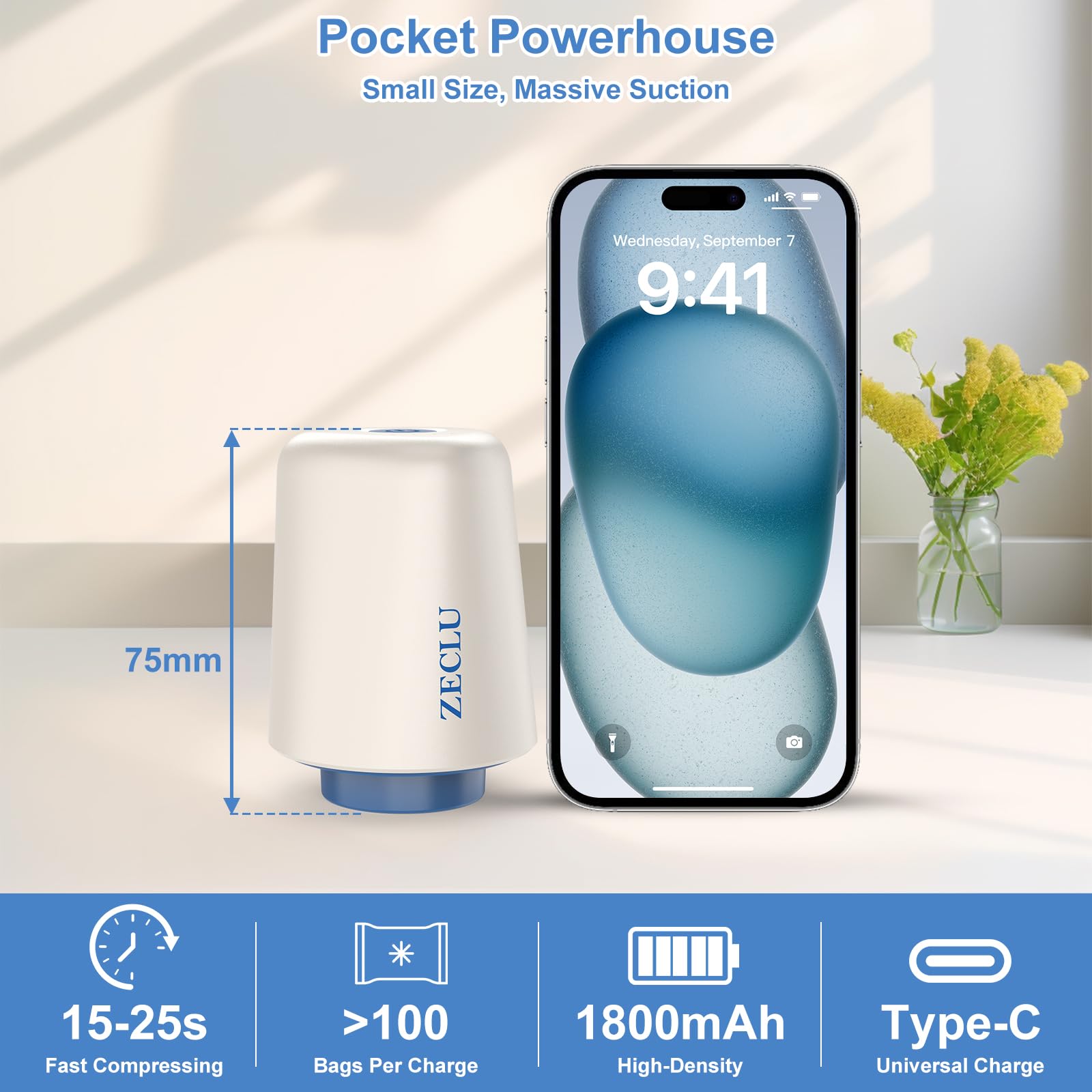Zeclu electric pump compact USB-C for quick air removal.