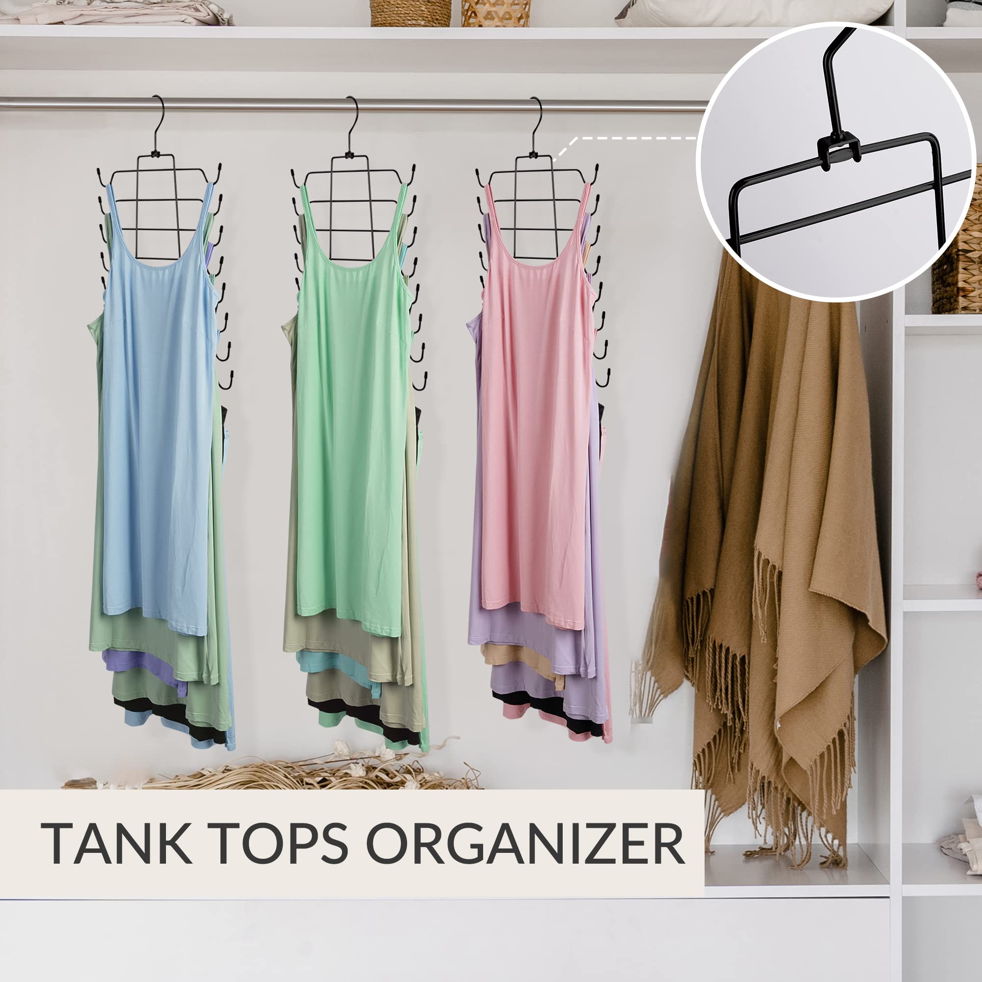 ZEDODIER hanger makes tank tops easy to see and reach in small closets.