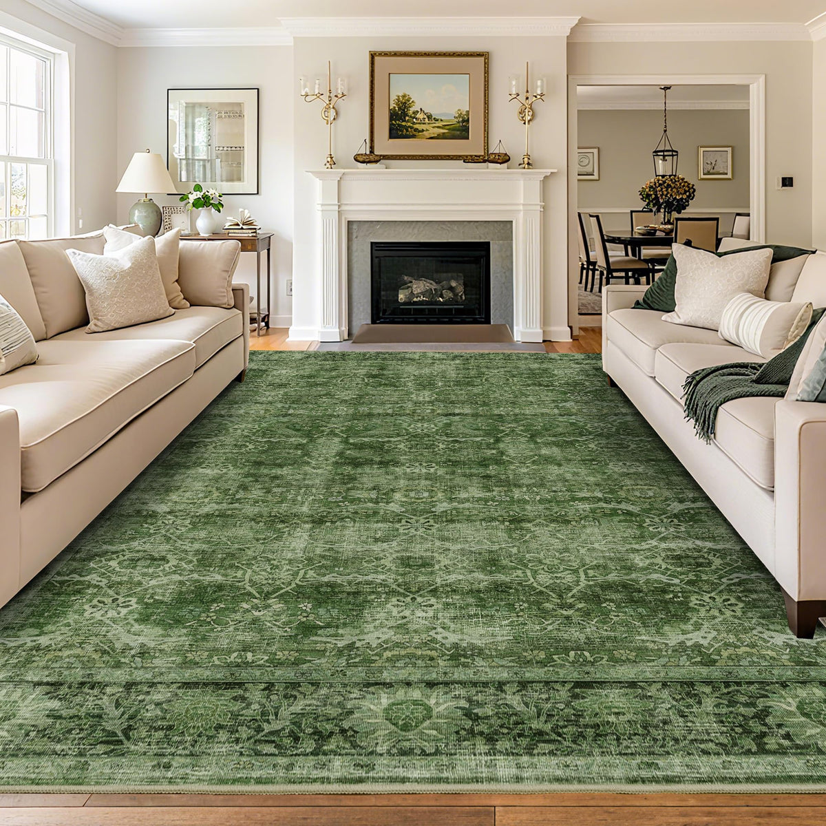 Zeeinx 8x10 vintage-green rug with floral design for timeless living room charm.