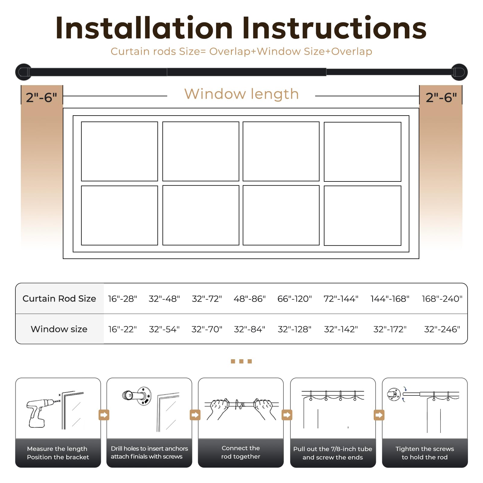 Zeerobee adjustable length from 66 to 120 inches for multiple windows.