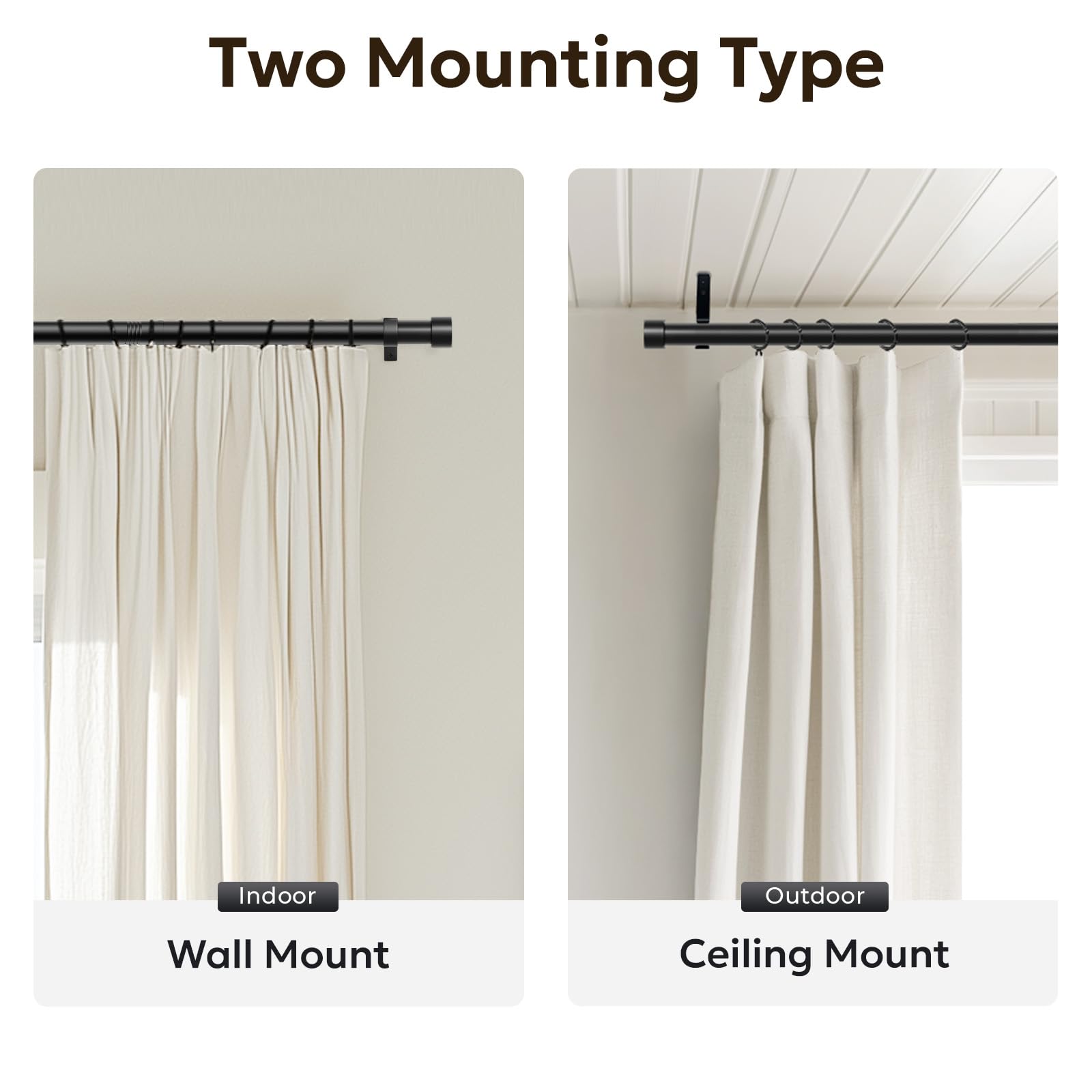 Zeerobee curtain rod indoor and outdoor use for versatile spaces.
