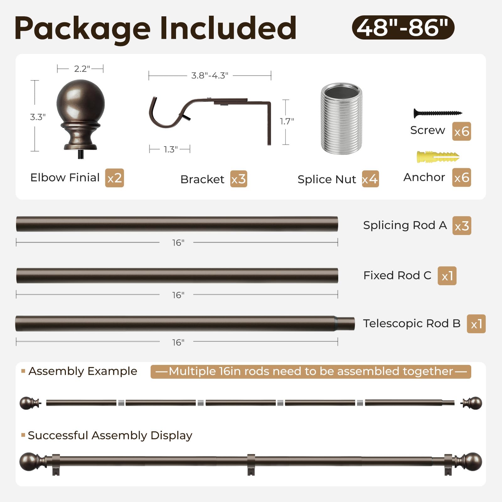 Zeerobee curtain rods adjustable length 48-86 inches fits many window sizes.
