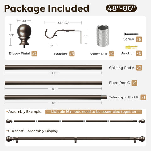 Zeerobee curtain rods adjustable length 48-86 inches fits many window sizes.