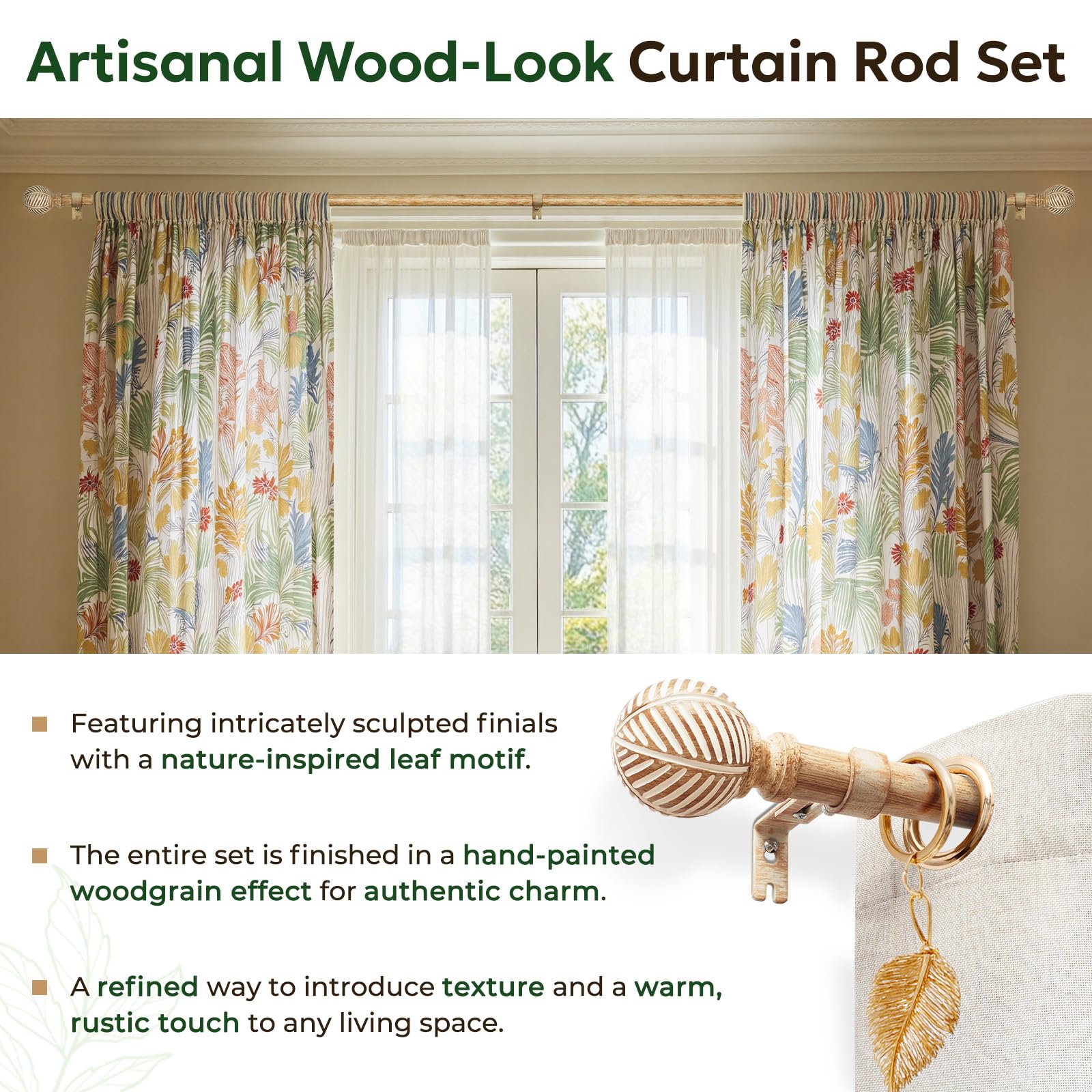 Zeerobee leaf-pattern finials add decorative flair with a modern look