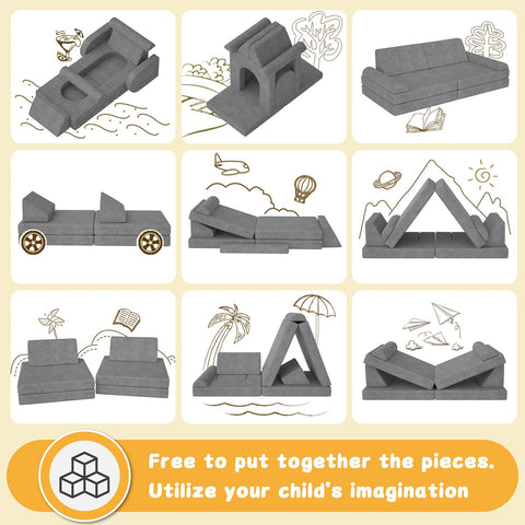 Zefinot modular kids play couch configurations showcase versatile shapes for imaginative play.