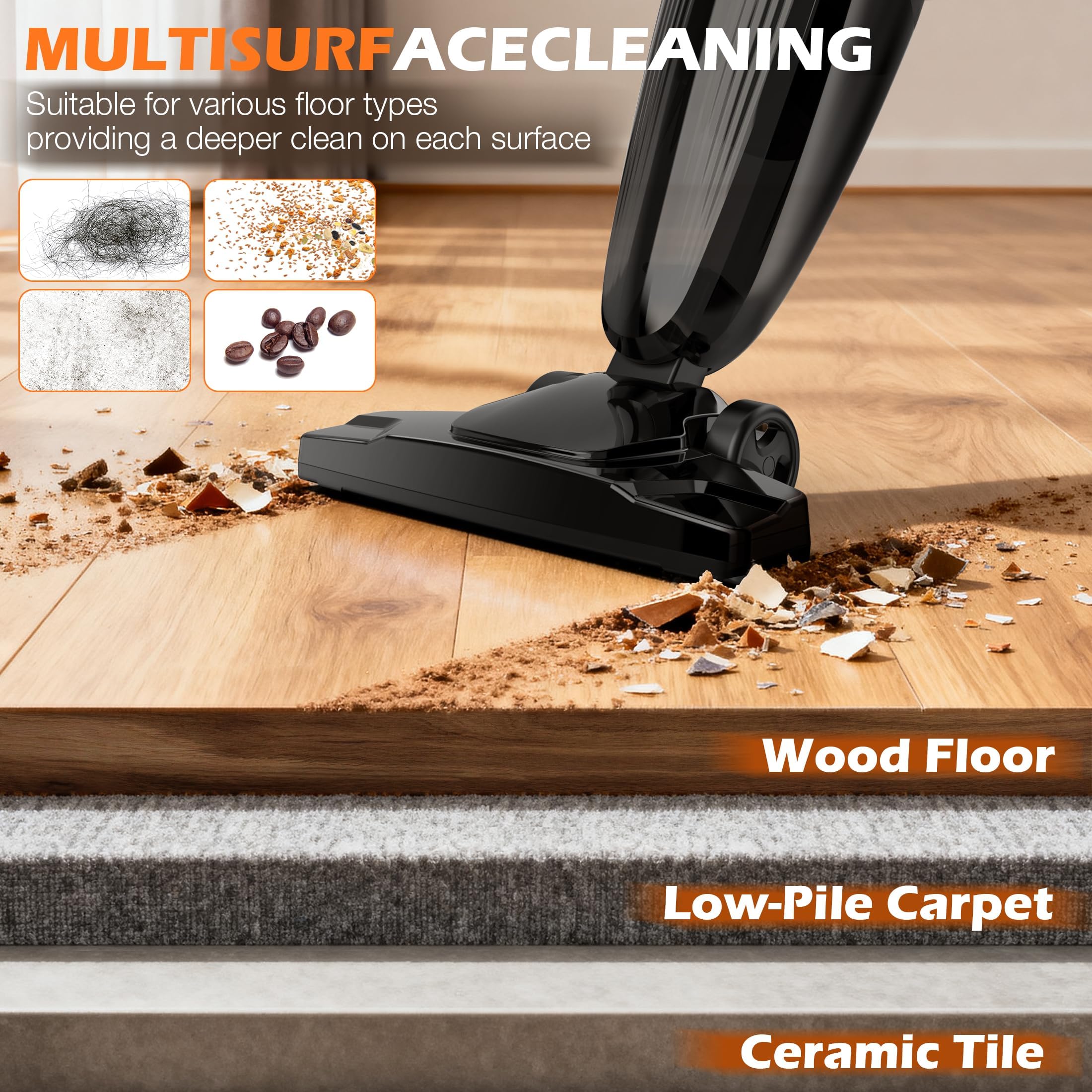 Zefiro 28kPa suction captures fine dust on carpet and hardwood