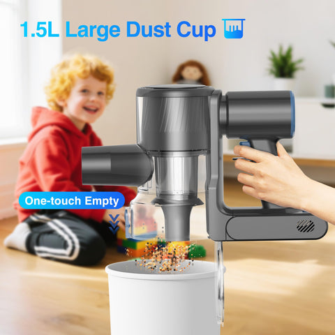 Zefiro cordless vacuum 1.5L dust cup reduces emptying interruptions.