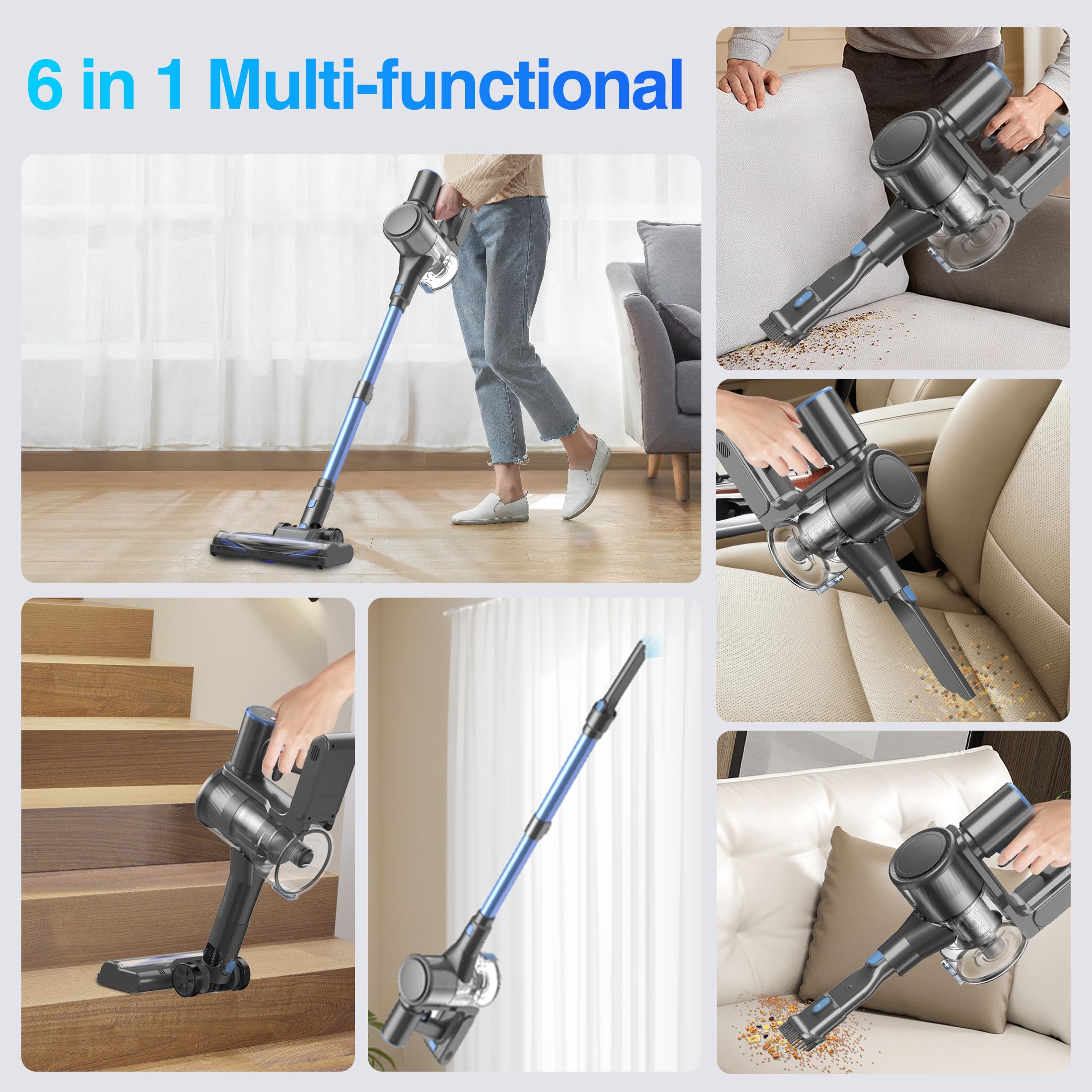 Zefiro cordless vacuum 6-stage filtration captures fine particles safely.
