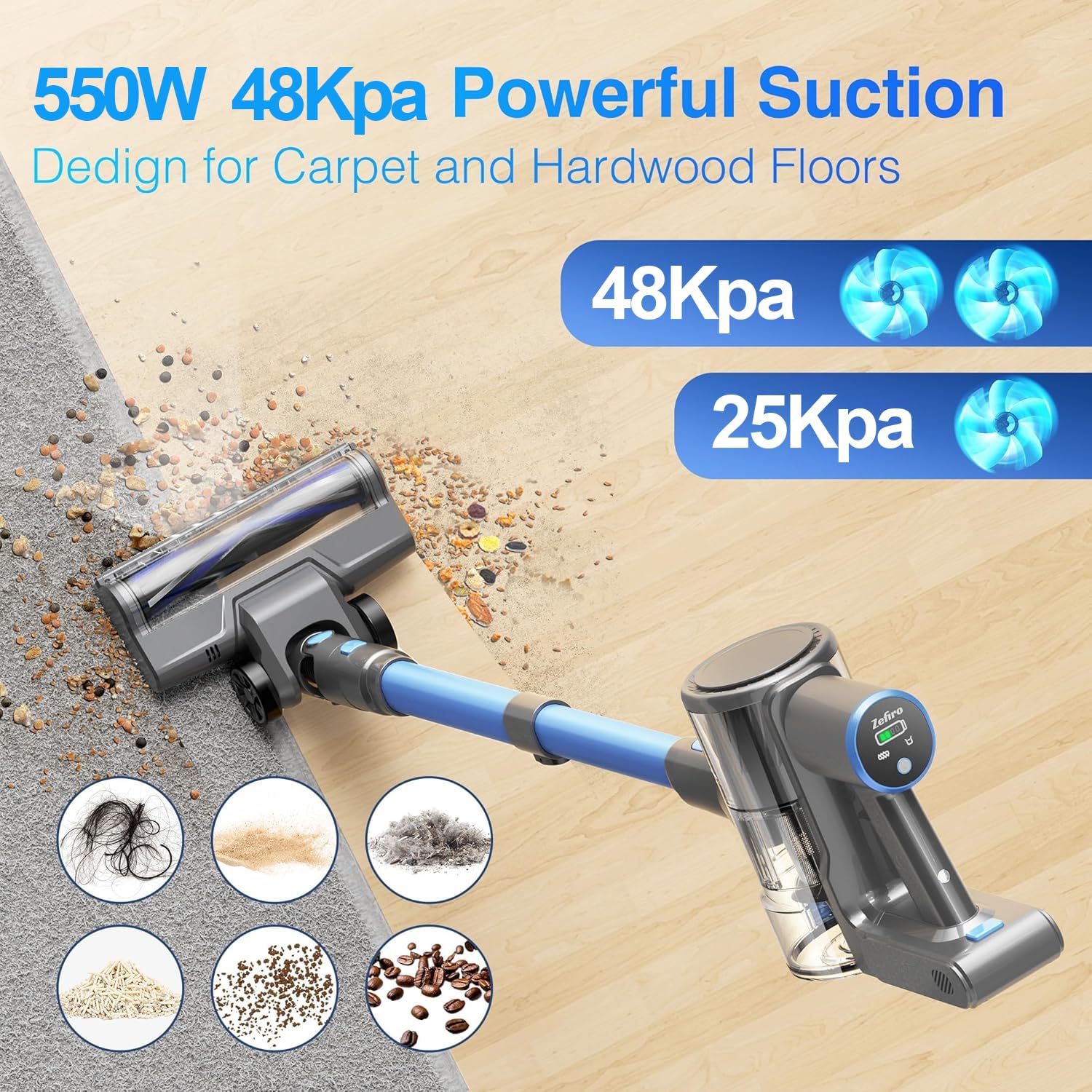 Zefiro cordless vacuum anti-tangle brush demonstrates easy hair removal from floors.