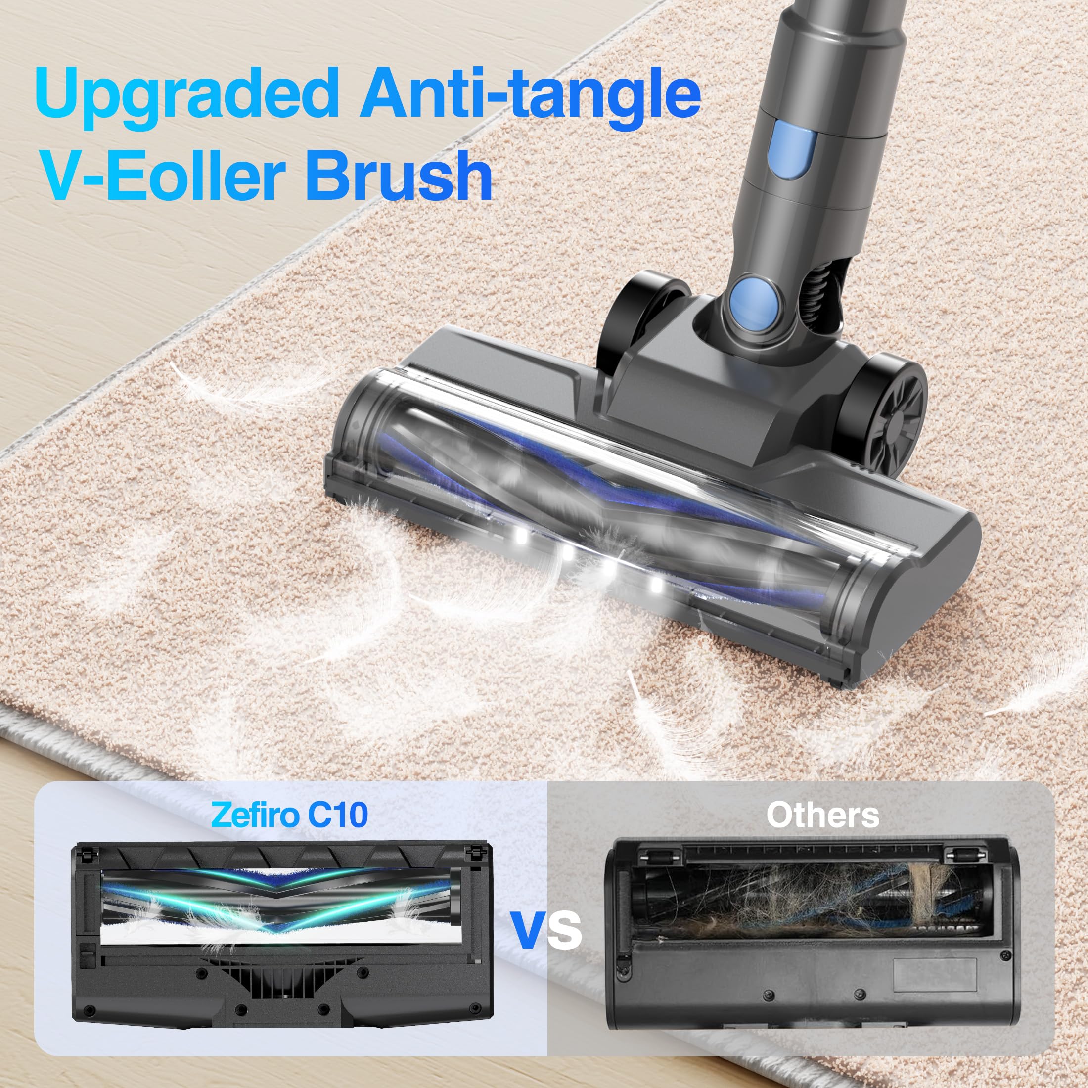 Zefiro cordless vacuum battery status display keeps runtime informed.