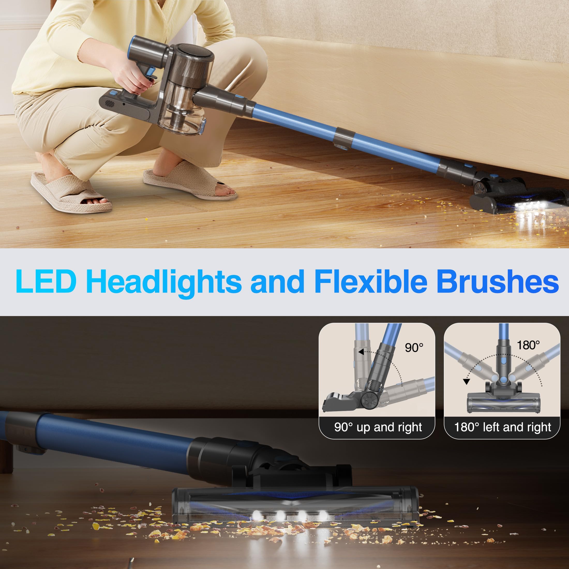 Zefiro cordless vacuum on-floor cleaning demonstrates versatile hard floor pick-up.