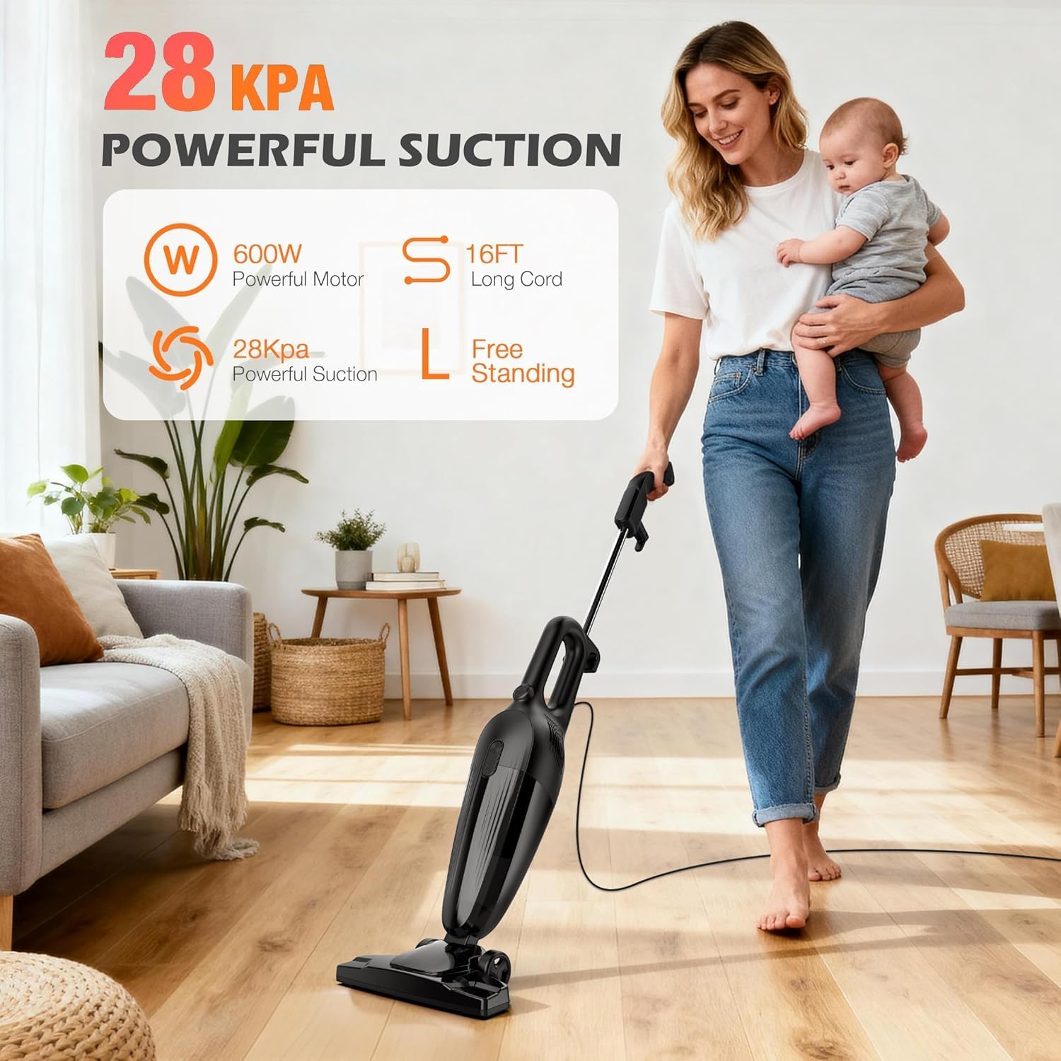 Zefiro 600W motor powers strong suction for pet hair