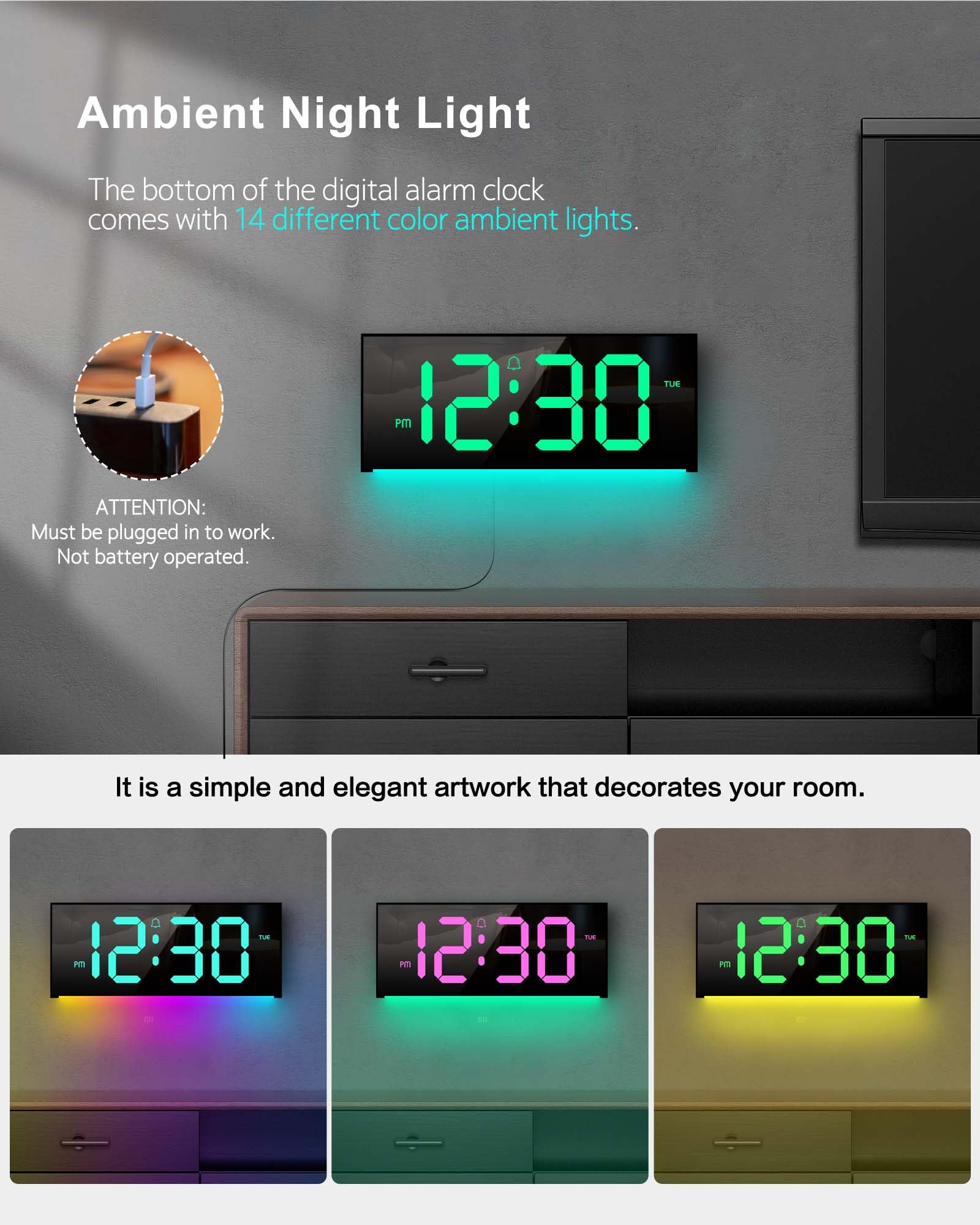 Zelaclock ambient night light showing multiple colors in a bedroom