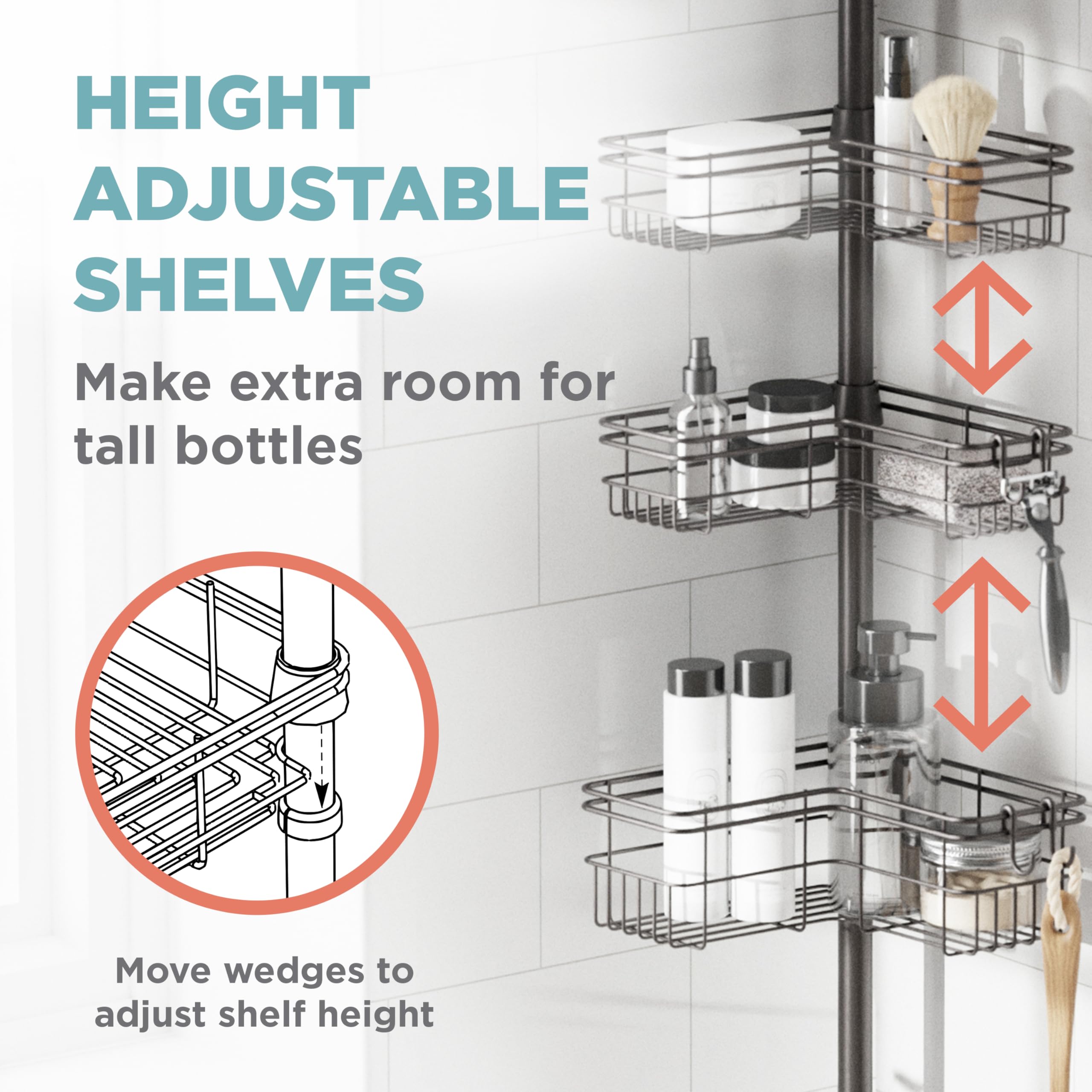 Zenna Home adjustable baskets and hooks customize storage for razors and loofahs.
