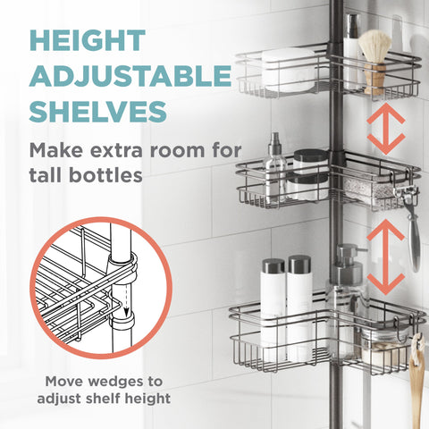 Zenna Home adjustable baskets and hooks customize storage for razors and loofahs.