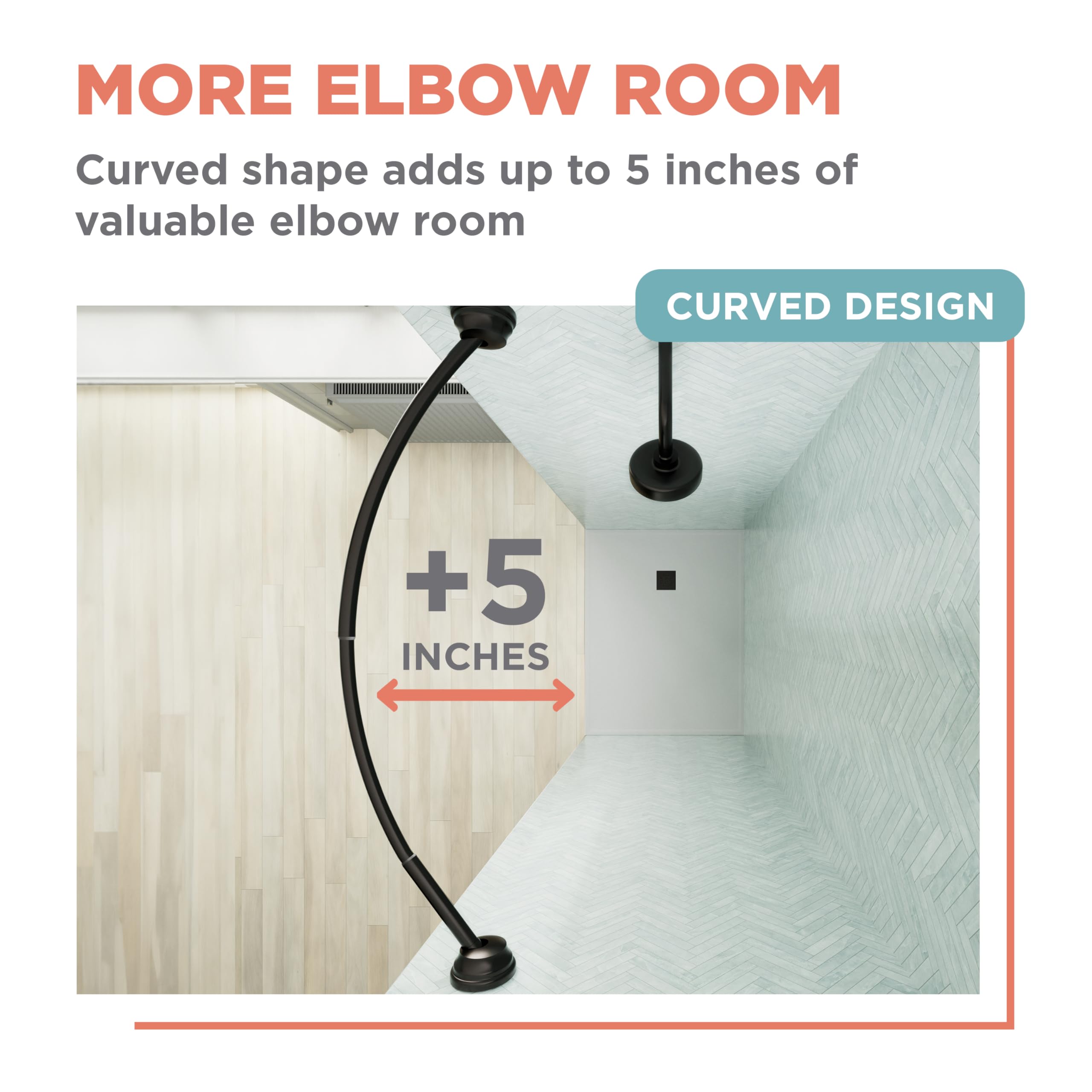 Zenna Home curved rod adds elbow room in a small shower.