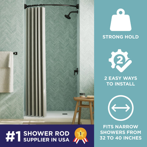 Zenna Home curved shower rod showing 32–40 inch adjustable length.