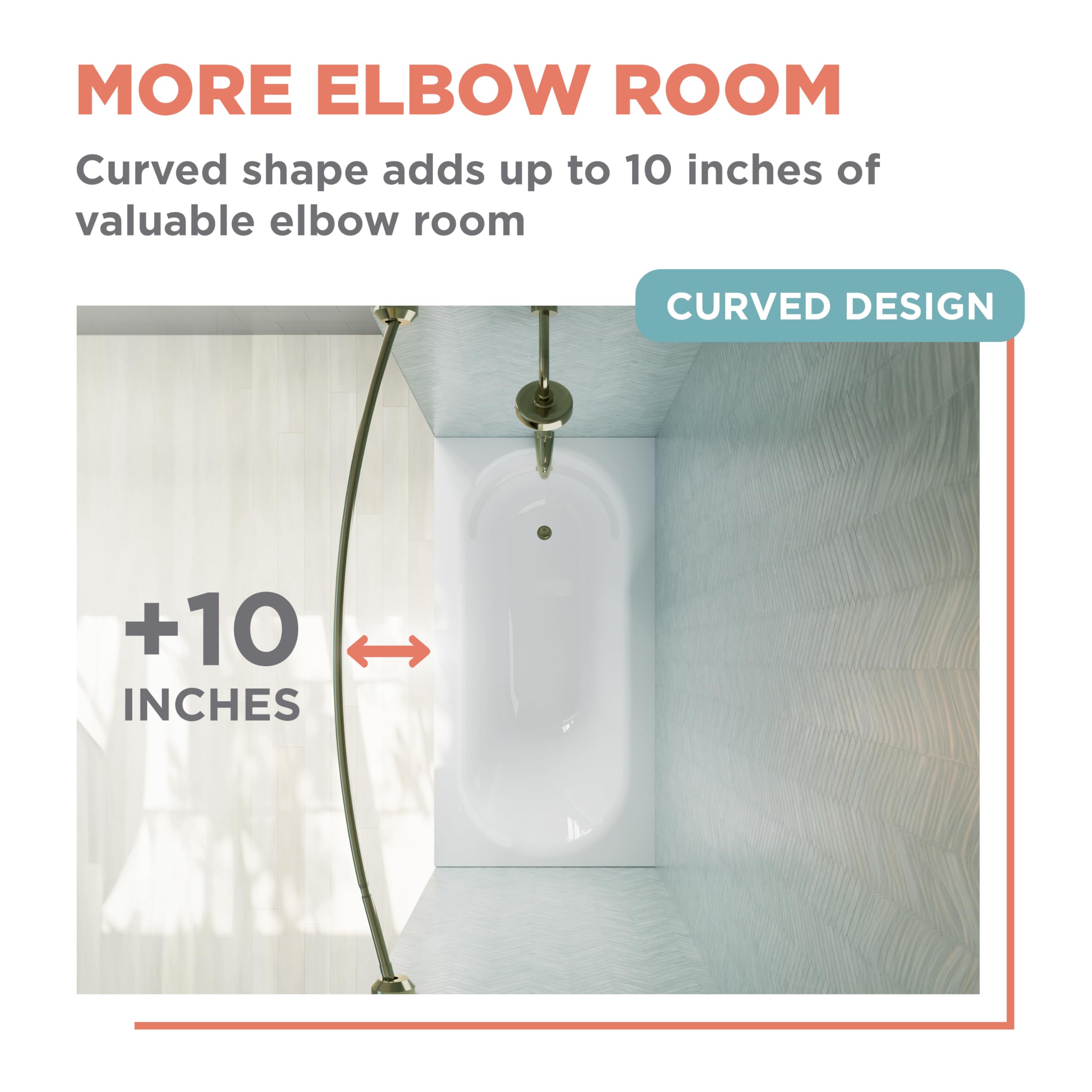 Zenna Home curved shower rod increases elbow room for a roomy shower.