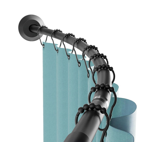 Zenna Home curved shower rod demonstrates up to 10 inches of extra space inside the shower