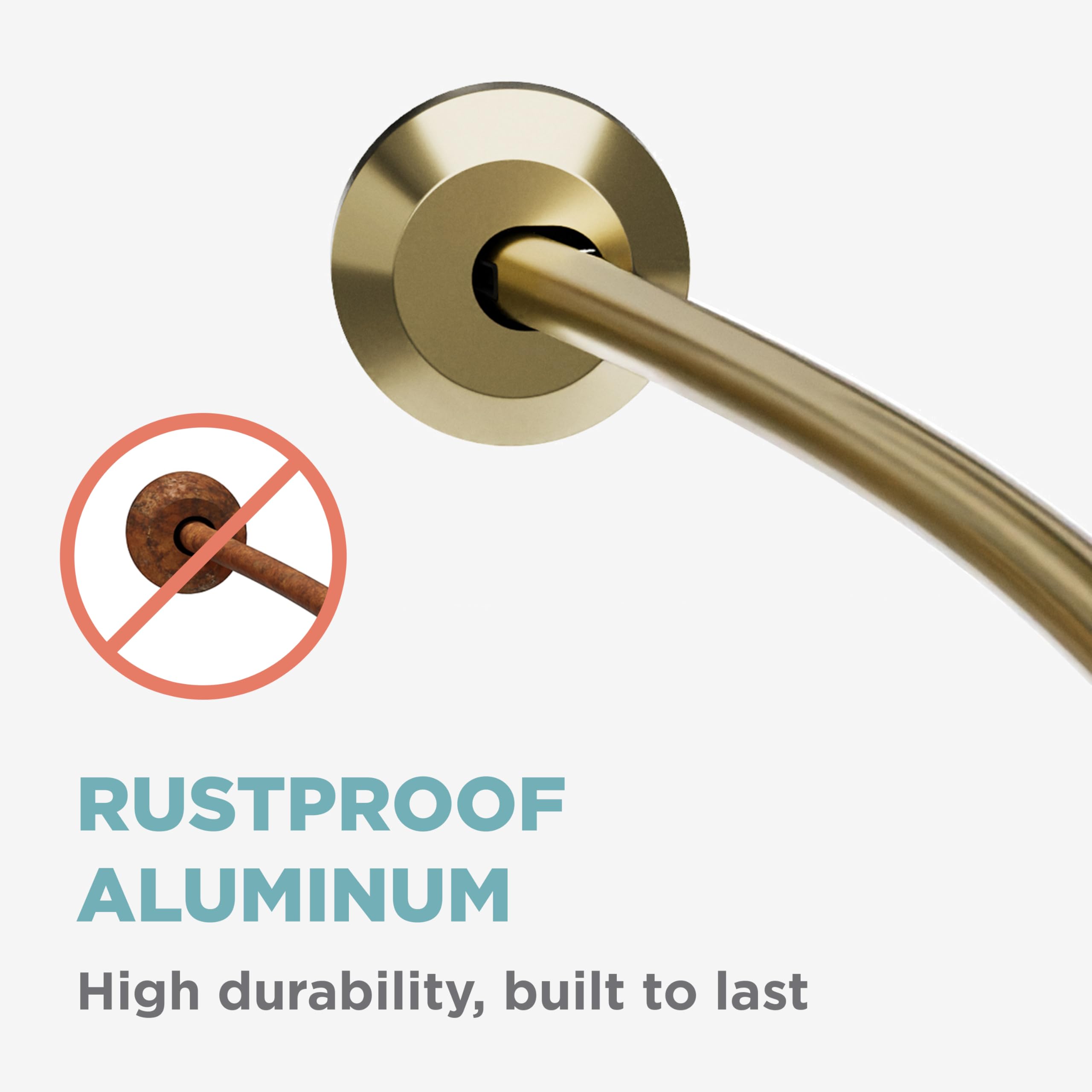 Zenna Home curved shower rod gold finish complements bathroom décor.