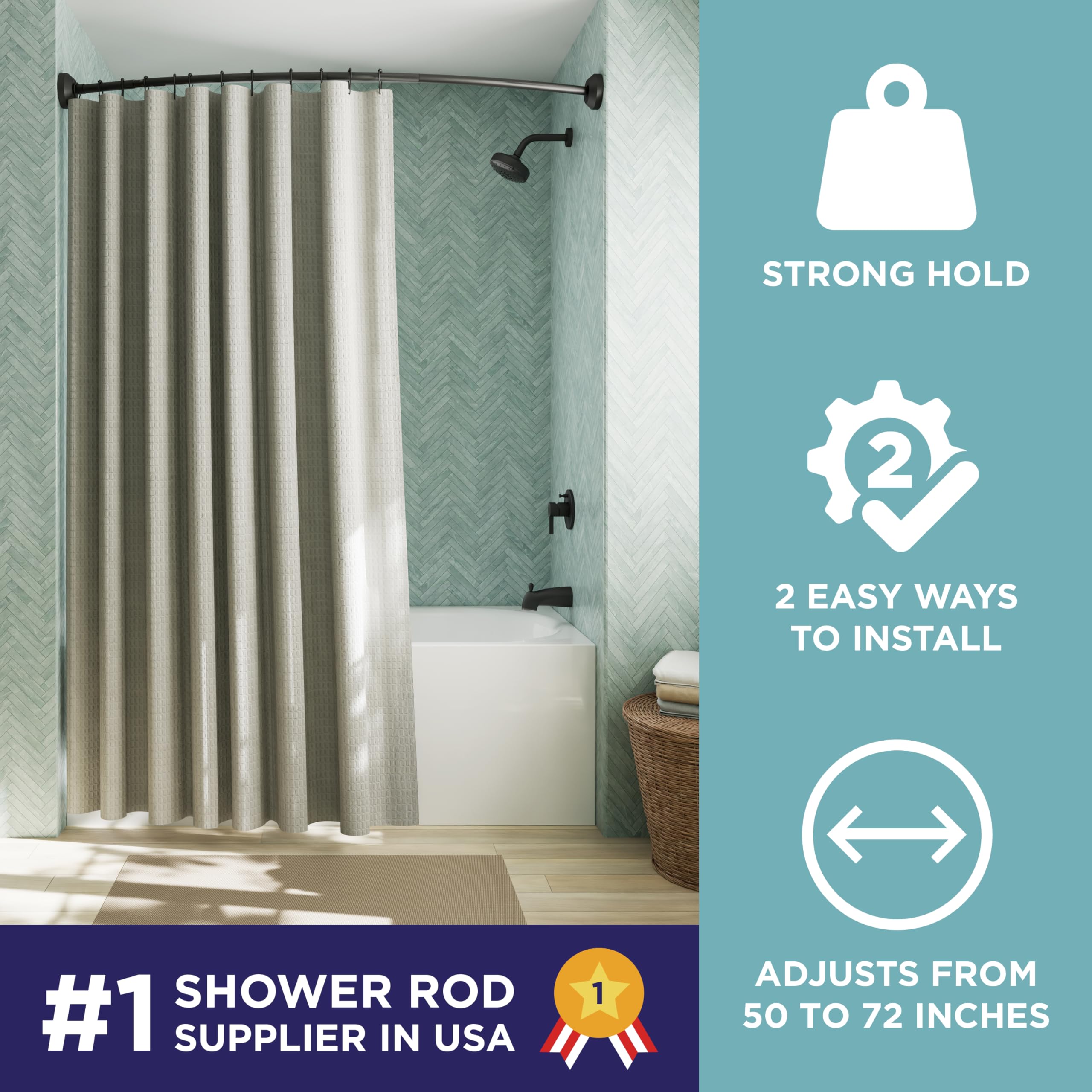Zenna Home curved rod shows tool-free tension mounting for quick, drill-free setup