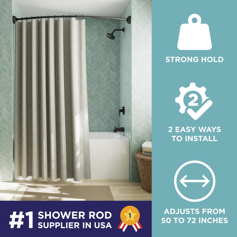 Zenna Home curved rod shows tool-free tension mounting for quick, drill-free setup