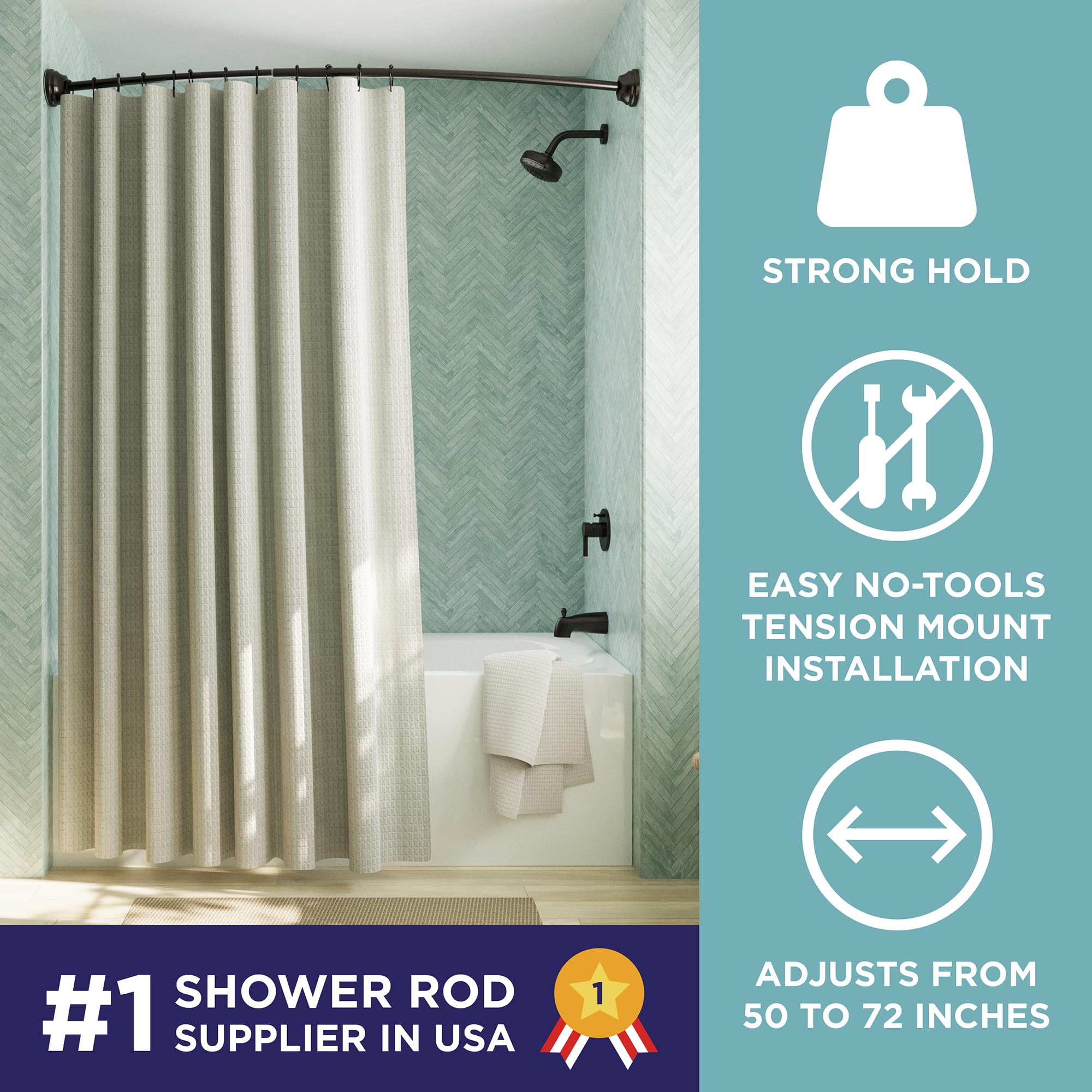 Zenna Home curved shower rod tension mounting highlights no-drill design and wall safety.