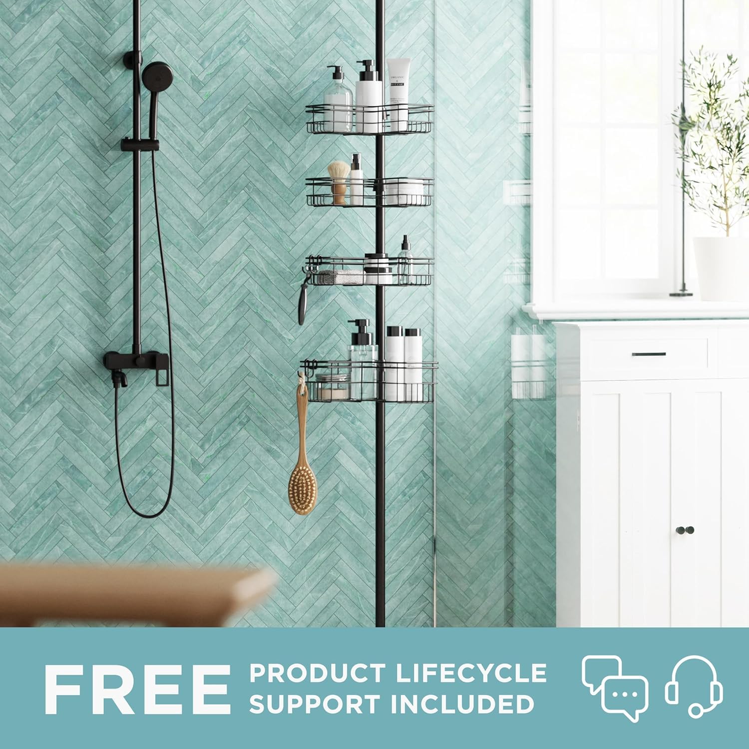 Zenna Home four L-shaped baskets maximize corner storage for bottles and soaps.
