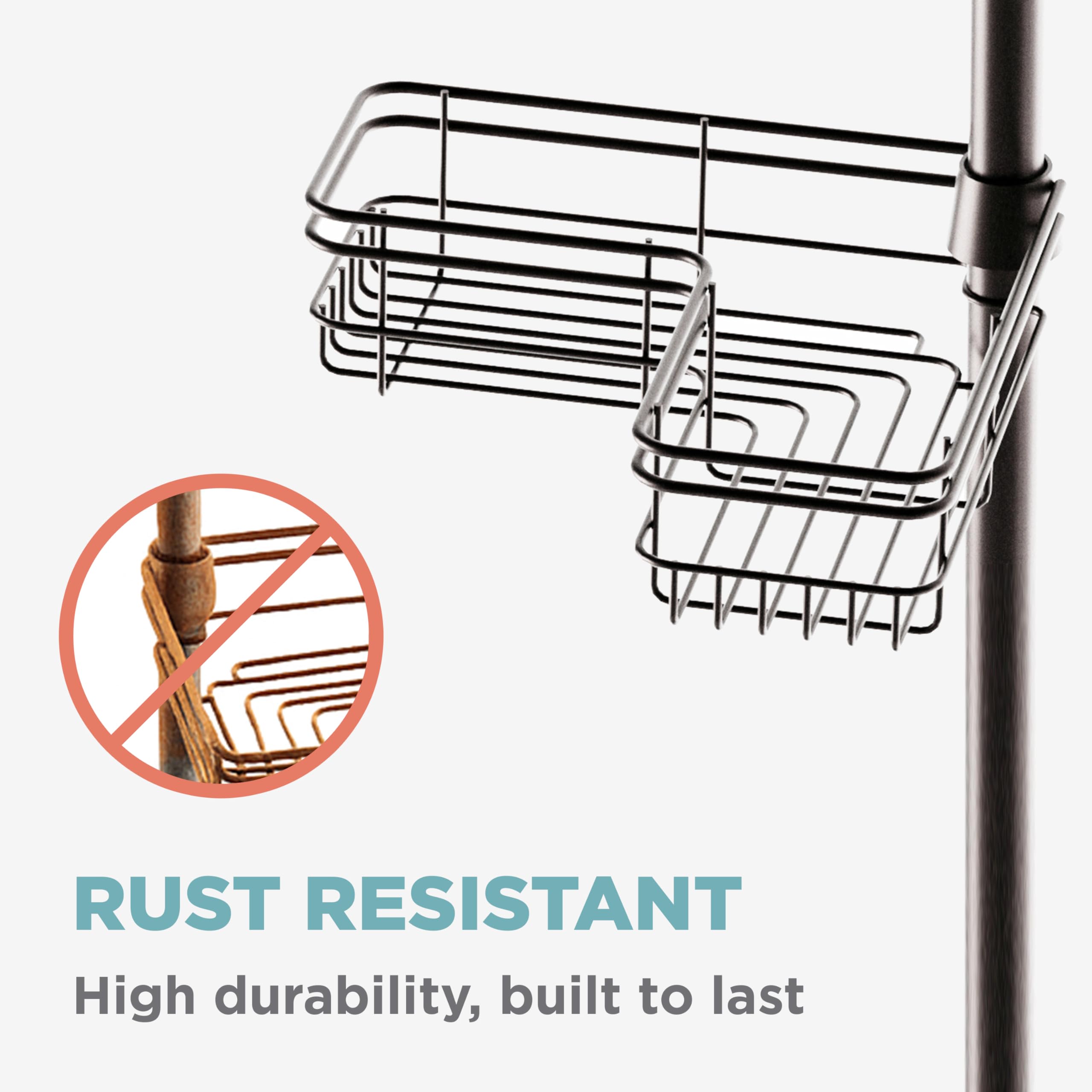 Zenna Home open-wire shelves promote fast drainage after showers.