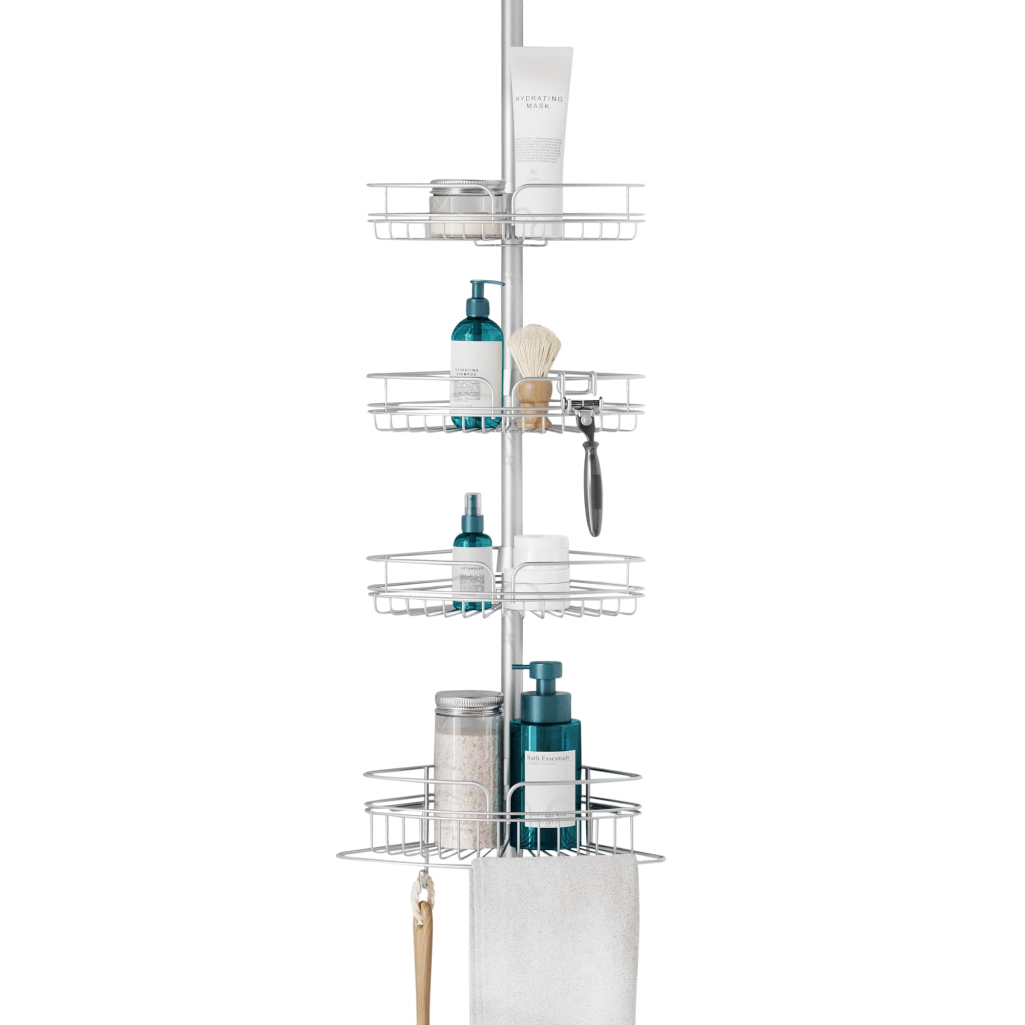 Zenna Home tension pole caddy in chrome for organized corner shower storage.