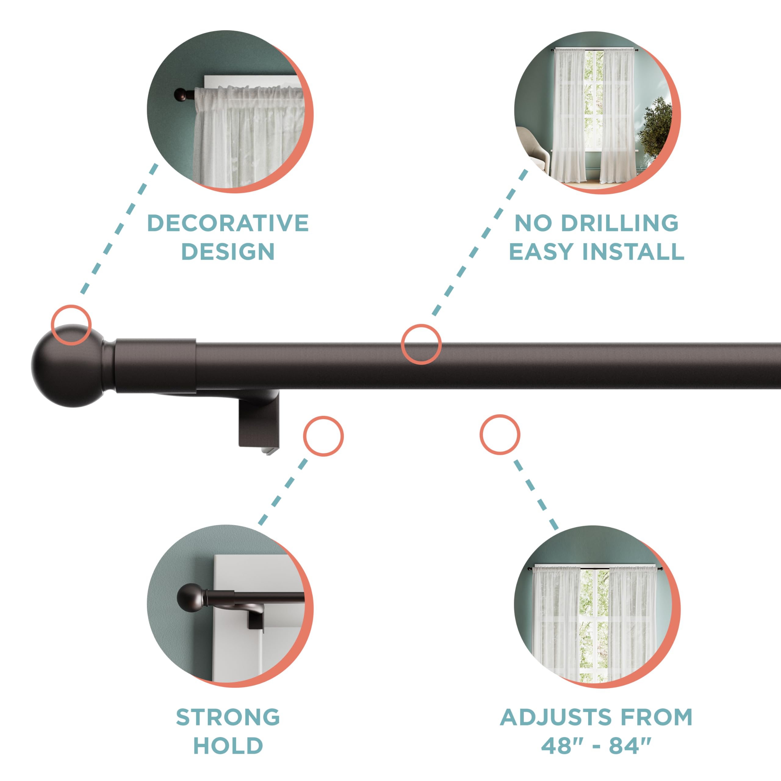 Zenna Home rod with strong hold, suitable for lightweight curtains.