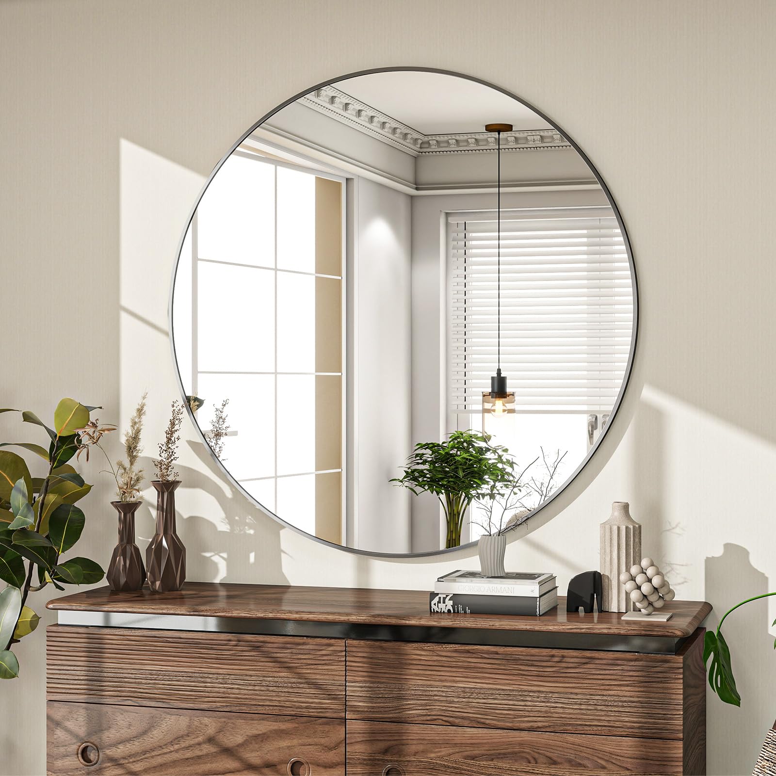 ZENOMIRRIS aluminum-frame round mirror provides durable modern style