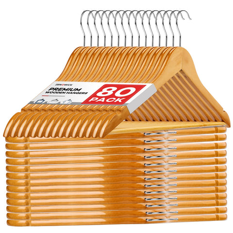 ZENOWICK wooden hangers 80-pack for coats and suits keep items wrinkle-free.