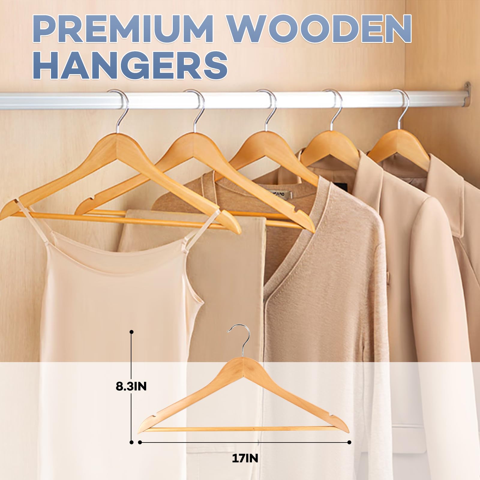 ZENOWICK wooden hangers with notches securely hold straps on delicate outfits.