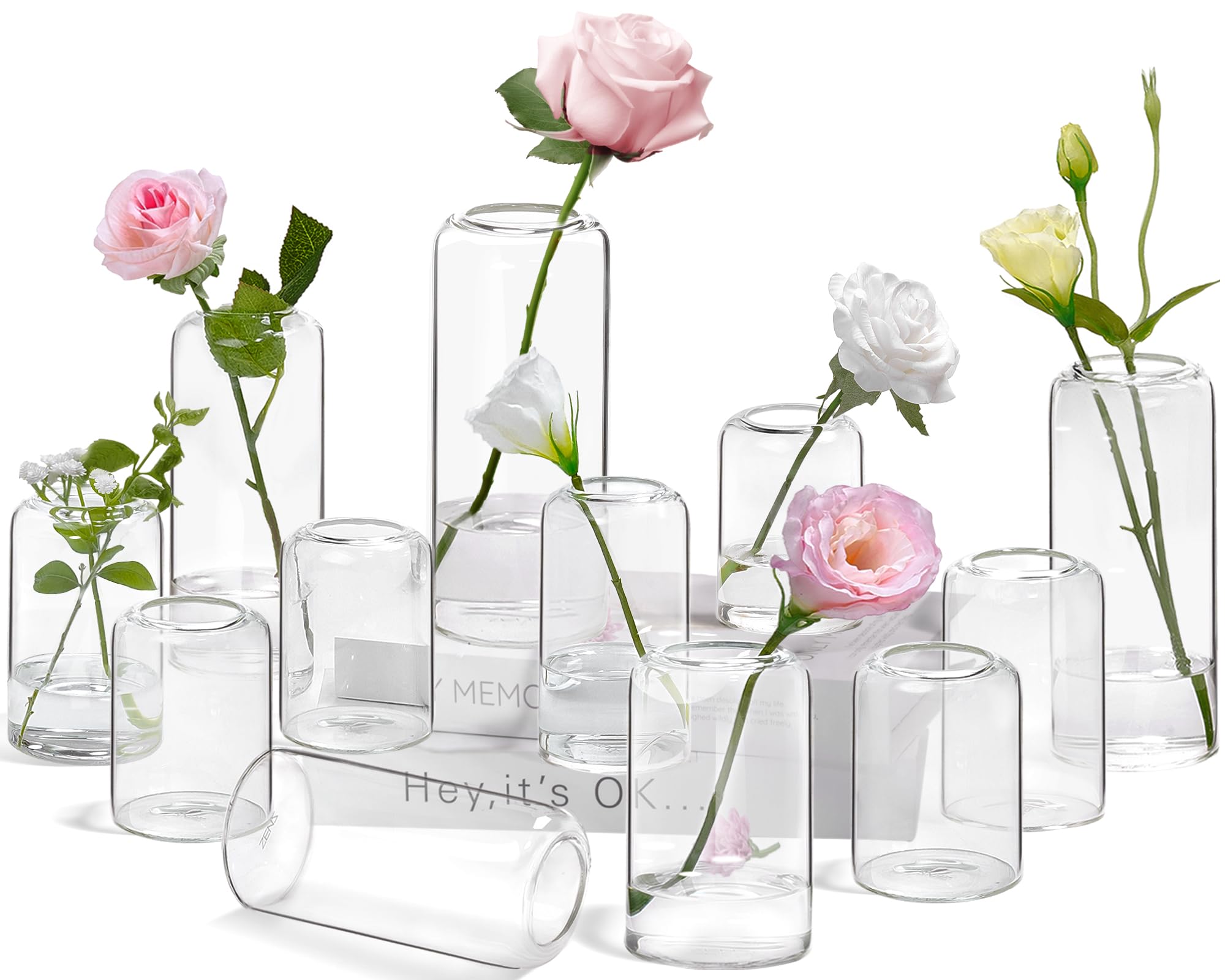 ZENS Bud Vases 12-pack in clear borosilicate glass for elegant wedding centerpieces.