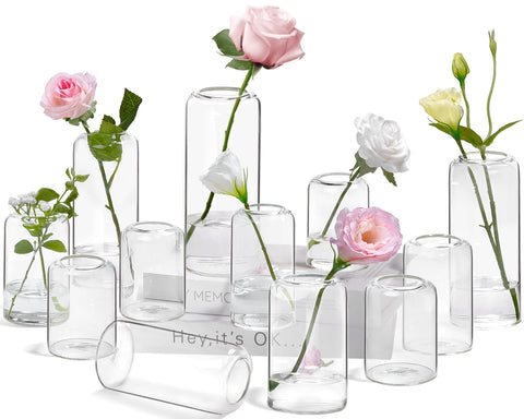 ZENS Bud Vases 12-pack in clear borosilicate glass for elegant wedding centerpieces.