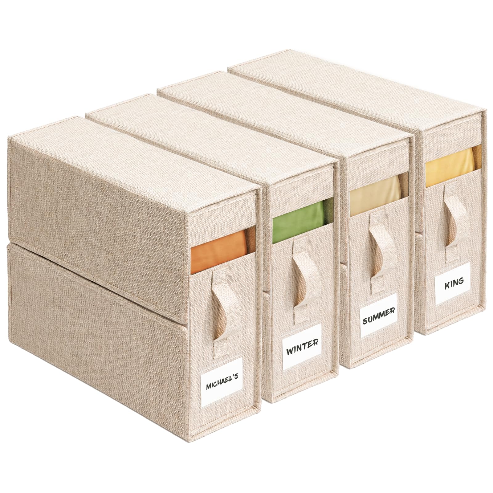 ZenStorage 4-pack sheet storage in beige keeps king- and queen-size sets organized.