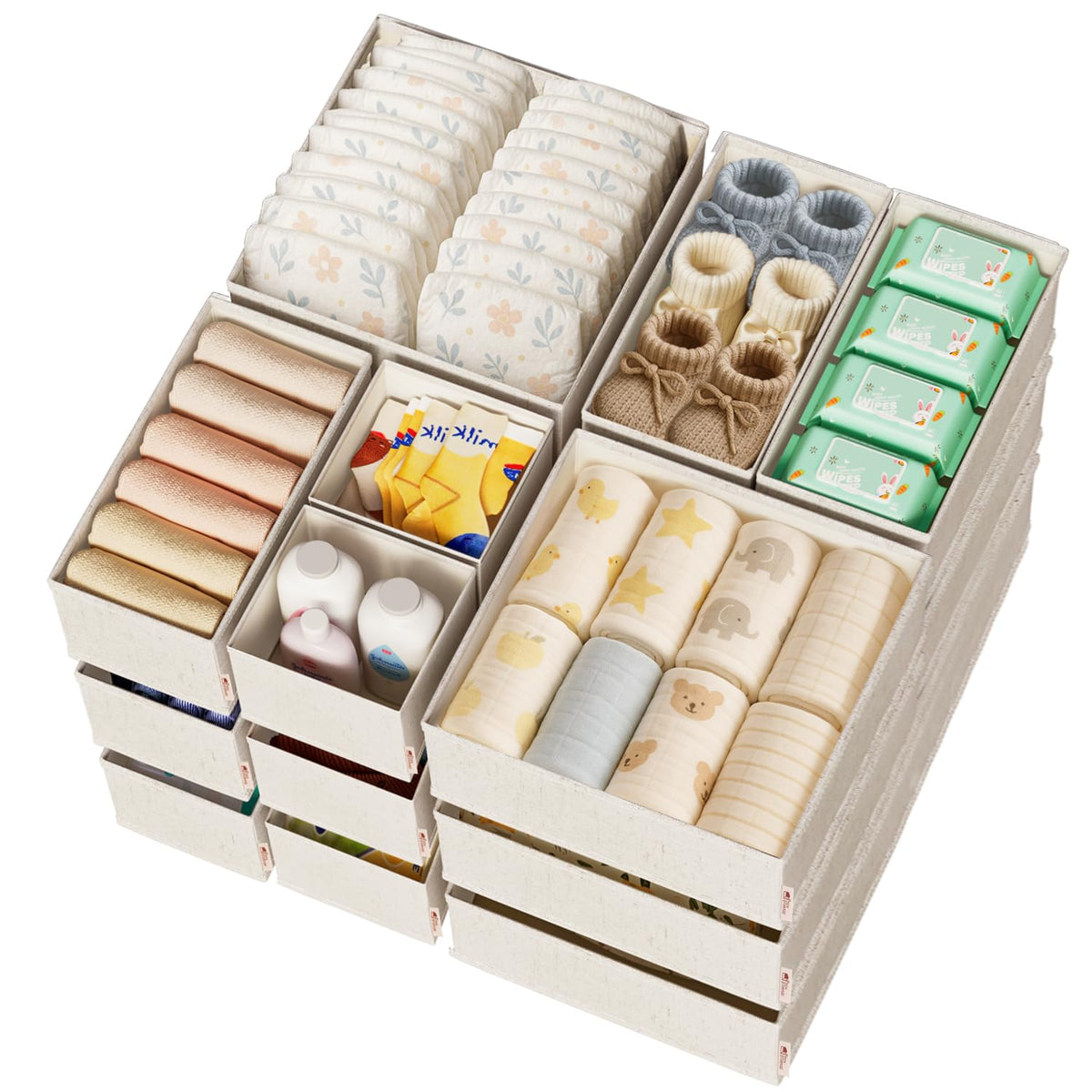 ZenStorage beige cotton linen drawer organizers in a tidy nursery closet for easy organization.