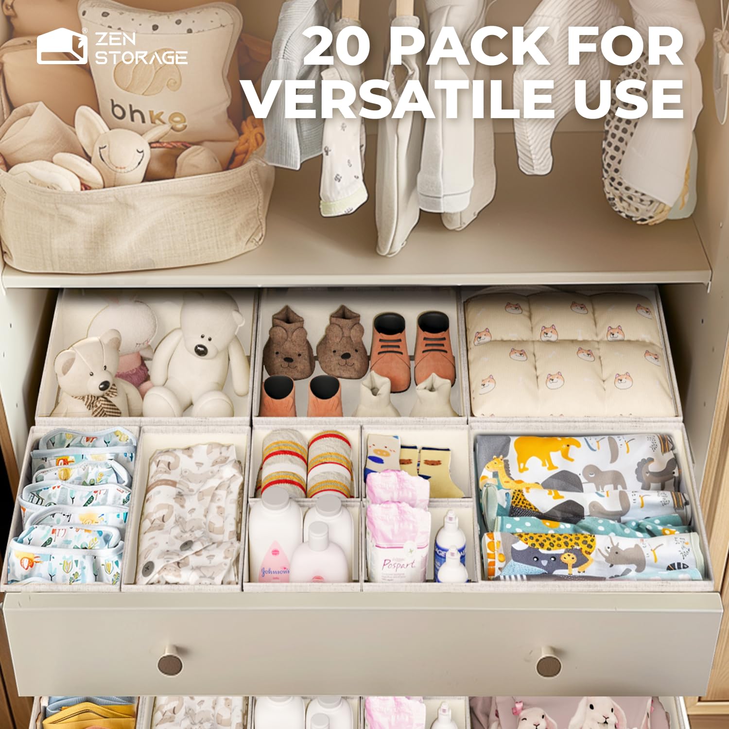 ZenStorage beige folded towels neatly organized to save drawer space.
