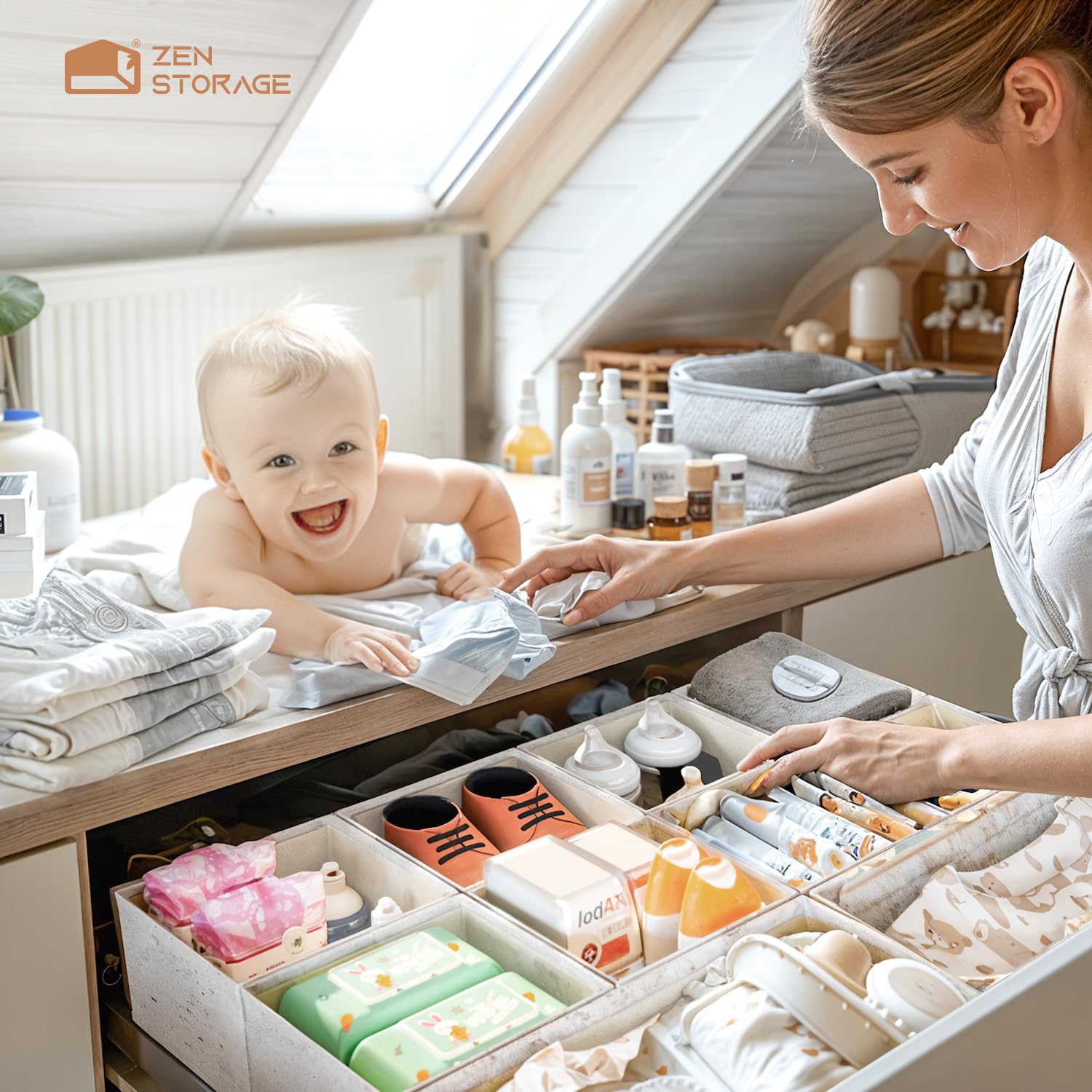 ZenStorage in-drawer setup shows balanced nursery storage with this fabric.