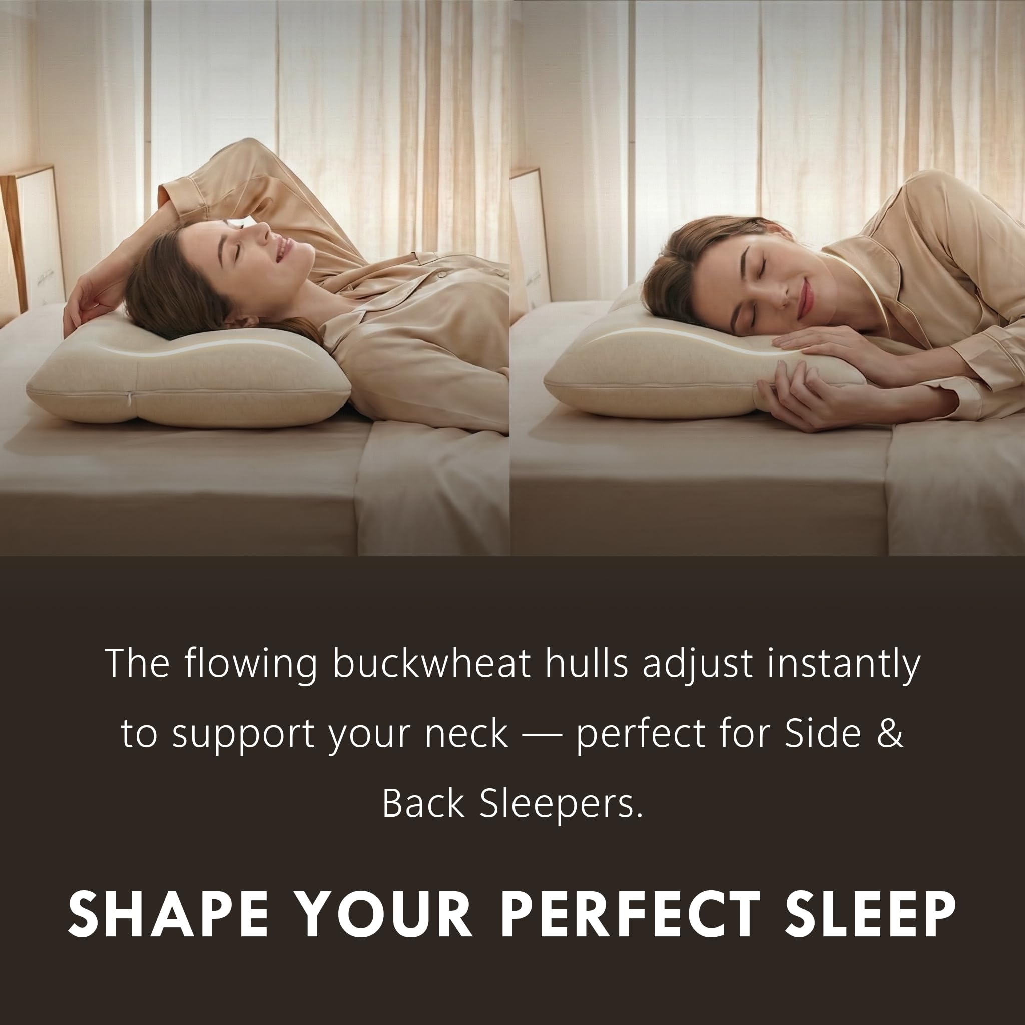 ZENURAH buckwheat pillow on bed demonstrates stable neck and head support